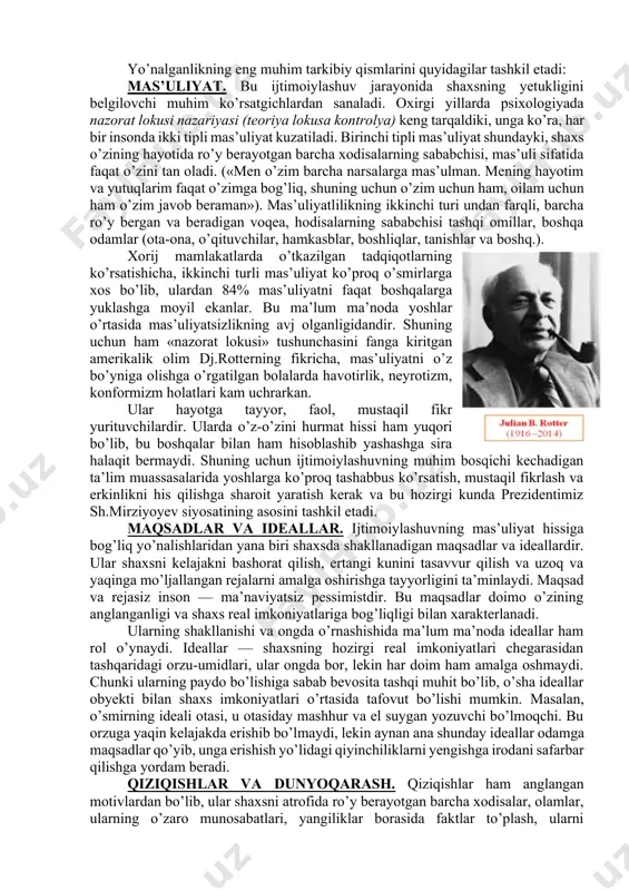 aynan shu mahalladan qiz qidirib qolishadi. ya’ni, shu mahalladagi ijtimoiy muhit qizlarning iboli, aqlli, sarishtali bo’lib yetishishlariga ko’maklashgan. masalan, ayrim mahallalarda sahar turib ko’cha — eshiklarni supurish odatga aylangan va barcha oilalar shu udumni buzmaydilar. shunga o’xshash normalar tizimi har bir ko’cha-mahallaning bir-biridan farqi, afzallik va kamchilik tomonlarini belgilaydi, oxirgilar esa shu mahallada katta bo’layotgan yoshlar ijtimoiylashuvida bevosita ta’sirini ko’rsatadi. yana bir muhim ijtimoiylashuv o’choqlariga maktab va boshqa ta’lim maskanlari kiradi. aynan shu yerda ijtimoiylashuv va tarbiya jarayonlari maxsus tarzda uyg’unlashtiriladi. bizning ijtimoiy tasavvurlarimiz shundayki, maktabni biz ta’lim oladigan, bola bilimlar tizimini o’zlashtiradigan maskan sifatida qabul qilamiz. lekin aslida bu yer ijtimoiylashuv tarbiyaviy vositalarda yuz beradigan maskandir. bu yerda ataylab tashkil etilgan, oxirgi yillarda joriy etilgan «ma’naviyat darslari», «etika va psixologiya» kabi tarbiyalovchi fanlar nazarda tutilmayapti. gap har bir darsning, umuman maktabdagi shart-sharoitlar, umumiy muhitning tarbiyalovchi roli haqida. masalan, dars paytida o’qituvchi butun diqqati bilan yangi darsni tushuntirish bilan ovora …