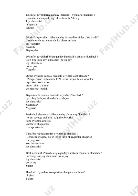 atli o‘yinlarni o‘rgatish basketbolchilar estafetasi futbolchilar ,qo‘l to‘pichilar, voleybolchilar futbolchilar estafetasi qo‘l to‘pi o‘yinchilar estafetasi vleybol estafetasi o’gil bolalar o‘rtasida qanday xarkatli o‘yinlar tashkillanadi ? tez yugurish arqon tortish kuchlilar va chaqqonlar arqon tortish kuchli va chaqqonlar uloq katta maktab yoshdagi o‘quvchilarga qanday harakatli o‘yinlar o‘tkaziladi ? o‘rtada turish tez yugurish ko‘chma nishon tez yugurish ko‘chma nishon nishon katta tanaffusda qanday harakatli o‘yinlar qo’llaniladi ? ko‘z bog‘lash joy almashish bo‘sh joy joy almashish bo‘sh joy suzish kichik basketbol elementi bilan qanday harakatli o‘yinlar o‘tkaziladi? to‘pni savatga tashlash, katta aylanma estafeta,topni olib yurish. katta aylanma estafeta kuchlilar va chaqqonlar uzoqqa sakrash savatga tashlash kichik voleybol elementi bilan harakatli o‘yinlarni qo’llash kartoshka, pionerbol. joy almashish ovchilar tez yugurish kichik yoshdagi o‘quvchilar bilan qanday harakatli o‘yinlar o‘tkaziladi ? o‘rtada turish tez yugur ko‘chma nishon tez yugurish ko‘chma nishon suzish kichik qo‘l to‘pi bo‘yicha qanday harakatli o‘yinlar qo’llaniladi ? o‘rtaga turish, nishonga urish, ovchilar …