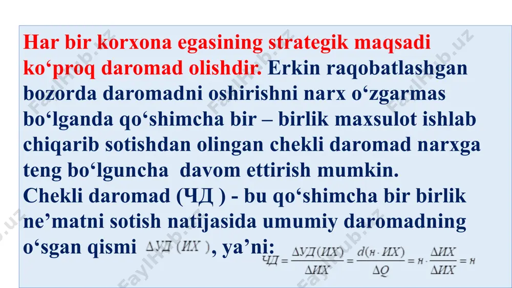 gungacha olingan foyda — bu umumxо‘jalik faoliyatidan olingan foyda, plyus favqulodda (kо‘zda tutilmagan) vaziyatlardan kо‘rilgan foyda va minus zarar sifatida aniqlanadi: stf = uf+ fp- fz bu yerda: stf — soliq tо‘lagungacha olingan foyda; uf — umumxо‘jalik faoliyatidan olingan foyda; fp — favqulodda vaziyatlardan olingan foyda; fz — favqulodda vaziyatlardan kо‘rilgan zarar. sf- yilning sof foydasi — bu, soliq tо‘langandan keyin xо‘jalik yurituvchi subyekt ixtiyorida qoladi, о‘zi dadaromadi (foydasi)dan tо‘lanadigan soliqni va minus qonun hujjatlarida nazarda tutilgan boshqa soliqlar va tо‘lovlarni chiqarib tashlangan holda soliqlar tо‘lagunga qadar olingan foydani ifodalaydi: sf = stf-ds-bs bu yerda: sf — sof foyda; ds — daromad (foyda)dan tо‘lanadigan soliq; bd — boshqa soliqlar va tо‘lovlar. har bir korxona (firma) yashashi va ravnaq topishi uchun foyda olishi kerak. korxona foydani о‘z rivojini ta’minlovchi birinchi muhim omil deb biladi. foydani maksimallashtirish bilan shug‘ullanmaydigan korxonaning yashab ketish imkoniyati kam bо‘ladi. makroiqtisodiyot sohasida uzoq muddatga foydani maksimallashtirish masalasiga …