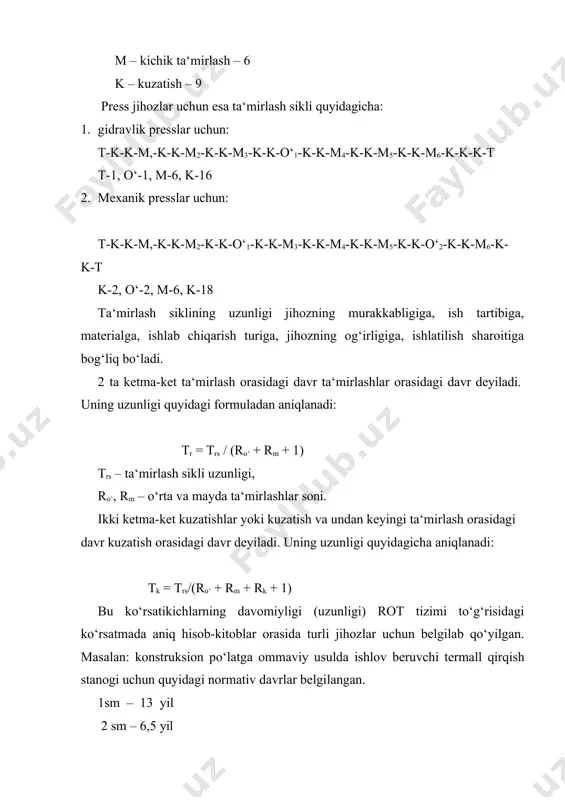 rasida turli jihozlar uchun belgilab qo‘yilgan. masalan: konstruksion po‘latga ommaviy usulda ishlov beruvchi termall qirqish stanogi uchun quyidagi normativ davrlar belgilangan. 1sm – 13 yil 2 sm – 6,5 yil 3 sm – 4,5 yil ta‘mirlash oralig‘iaro davr: 1 sm – 17, 5 oy 2 sm – 9 oy 3 sm – 6 oy quvvatlanish oralig‘idagi davr: 1 sm – 8,5 oy 2 sm – 4,5 oy 3 sm – 3 oy ta‘mirlash ishlarining murakkabligini belgilash va mehnat sig‘imini aniqlash maqsadida shartli ta‘mirlash birligiga o‘tkaziladi. konstruktiv va texnologik xususiyatiga ko‘ra, har bir jihoz uchun o‘z murakkablik kategoriyasi o‘rnatiladi. murakkablik kategoriyasi ta‘mirlash qilinayotgan jihozni etalon sifatida qabul qilingan jihoz bilan solishtirish orqali aniqlanadi. masalan: maishiy yengil metal qirqish stanoklari ta‘mirlash murakkablik kategoriyasini aniqlash uchun etalon qilib 1k 62 tokarlik vint qirqish stanogi (murakkablik kategoriyasi – 11), 22a kl tikuv mashinasi (ta‘mirlash murakkablik kategoriyasi – 1) elektrotexnik jihoz uchun – asinxron dvigatel …