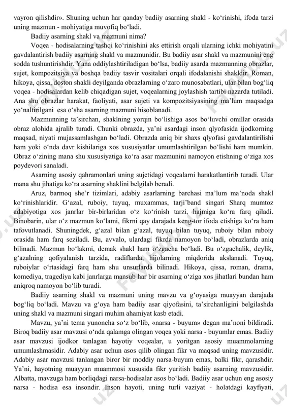 y til singari vositalari mutanosibligi yordamida erishiladi. har qanday badiiy asar shakl va mazmun, mavzu va gʻoya, sujet va kompozitsiya singari unsurlardan tarkib topgan boʻladi. biroq har qanday badiiy asar mavjudligining bosh asosi uning tilidir. til badiiy asarning joni, qoni, urib turgan yuragidir. ana shu tayanch asos qanchalik baquvvat boʻlsa, badiiy asar shunchalik barkamol boʻladi. badiiy asar shakl va mazmunidagi rasolik ham, undagi mavzu va gʻoyaning yorqinligi ham, sujet va kompozitsiyaning qiziqarli, oʻzaro muvofiqlik darajasi ham, avvalo, ijodkorning soʻz qoʻllash, oʻni tanlash, ishlatish mahoratiga bogʻliq. badiiy asar muvaffaqiyatining bu darajada tilga bogʻlab qoʻyilishining boisi uning soʻz san’ati ekanligidadir. badiiy asar hayotning oʻziga xos yaxlit, mustaqil bir parchasi sanaladi. har bir yaxlit, mustaqil narsa - hodisa esa oʻz shakl va mazmuniga ega boʻladi. shakl va mazmun narsa - hodisa mavjudligining namoyon boʻlish tarzidir. ular bir-biri bilan mustahkam bogʻliqair. shaklsiz mazmun va mazmunsiz shakl boʻlmaydi. shakl mazmunning oʻzini koʻrsatishidir. shuning uchun ularni …