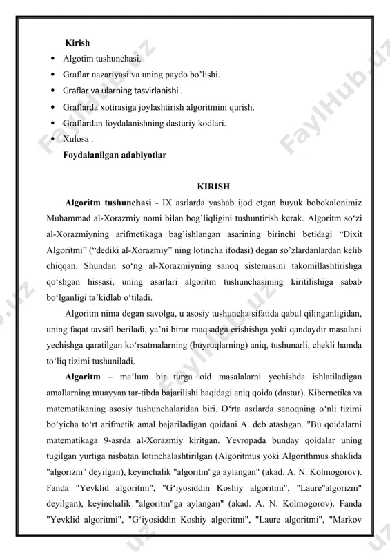 anda "yevklid algoritmi", "gʻiyosiddin koshiy algoritmi", "laure"algorizm" deyilgan), keyinchalik "algoritm"ga aylangan" (akad. a. n. kolmogorov). fanda "yevklid algoritmi", "gʻiyosiddin koshiy algoritmi", "laure algoritmi", "markov algoritmi" deb ataluvchi algoritmlar maʼlum. algoritm tushunchasi tobora kengayib borib, 3 kibernetikaning nazariy va mantiqiy asosi hisoblangan algaritmlar nazariyasi paydo boʻldi. oʻzbekiston respublikasi da bir necha ilmiy tadqiqot muassasalari va hisoblash mar-kazlarida algaritmdan 4 foydalanish sohasida samarali ishlar olib borilmoqda. mas, oʻzbekiston fanlar akademiyasi "kibernetika" ilmiy ishlab chiqarish birlashmasida, oʻzbekistondagi barcha universitetlarda, toshkent davlat texnika ustida, oʻzbekiston respublikasi makroiqtisod va statistika vazirligi qoshidagi hisoblash markazi va boshqa muassasalarda olib borilayotgan ishlar bunga misol boʻla oladi algoritm tushunchasi aniq shaklda xx-asr boshlarida d. gilbert, k. gyodel, s. klin, a. chyorch, e. post, a. tyuring, n. viner, a. a. markov singari olimlarning asarlari tufayli shakllandi. eng qadimiy raqamli algoritmlardan biri yevklid algoritmi (miloddan avvalgi iii asr) deb hisoblanadi - ikki sonning eng katta umumiy boʻluvchisini topish. algoritmlarning zamonaviy …