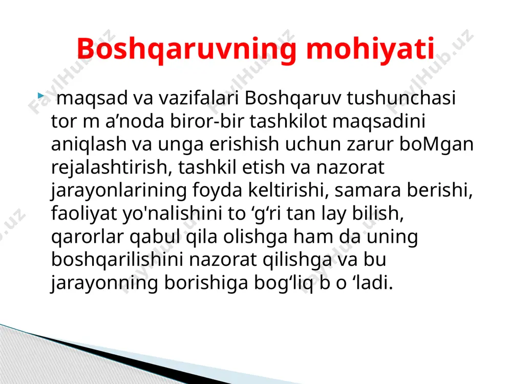 respublika — viloyat — tuman — konsem — tarmoq — korxona — xodimlar — vazirliklar va vazirlar — ishlab chiqarish — samaradorlik va b. boshqaruv obyekti 1. tizim usuli boshqaruv muammolarini yechishda ishlatiladi va tizimning butunligiga asoslanadi. taraqqiy etgan davlatlarda tizimli majmuali, tizimli-tarkib, tizimli-funksional, tizimli-kommunikatsion va boshqa ko‘rinishlari mavjud. 2. izlanishning majmuali usuli voqealarni va ularning bir-biri bilan bo‘lgan aloqalarini faqat ushbu fan usuli bilan emas, balki boshqa xil hodisalarni o‘rganuvchi fanlar bilan o ‘rganadi. 3. izlanishning tarkibiy usuli murakkab hodisalarni bo’laklarga ajratishdan iborat. ishchi va xodimlarga, umuman, boshqarish obyektiga qo‘yilgan maqsadga erishish jarayonida ularning faoliyatini muvofiqlashtirishning maxsus izlanish usullari sifatida quyidagilarni keltirish mumkin: 4. vaziyatli yondashish — boshqaruv faoliyatining maqbul usullarini ichki va tashqi sharoitga qarab belgilash. 5. integratsion yondashish usuli boshqa usullar ko‘rsatkiclilarini hisobga olish asosida boshqarish hisoblanadi. 6. modellashtirish - boshqariluvchi obyektni boshqarish turli sxema, grafik va chizmalar, xomaki m ateriallar tayyorlash yordamida boshqarish usuli. 7. matematik …