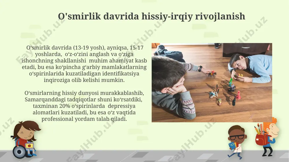 bosqichiga toʻgʻri keladi (11-15 yosh), mantiqiy fikrlash va abstrakt tushunchalarni tushunish qobiliyatining rivojlanishi bilan tavsiflanadi, bu esa samarqanddagi maktablarda kuzatilgan. oʻsmirlik davrida hissiy jihatdan beqarorlik va kayfiyatning tez oʻzgarishi kuzatiladi, bu 70% oʻsmirlarda uchraydi va fargʻona vodiysidagi tadqiqotlarda tasdiqlangan. kichik maktab yoshidagi bolalarning psixologik rivojlanishi kichik maktab yoshidagi bolalar uchun o'yin faoliyati muhim ahamiyatga ega, masalan, samarqanddagi maktablarda o'tkazilgan kuzatuvlar shuni ko'rsatdiki, 80% bolalar o'yin orqali yangi bilimlarni o'zlashtiradi. kichik maktab yoshidagi (6-7 yosh) bolalarda o'z-o'zini baholash rivojlanadi, lekin bu baho hali yetarlicha ob'ektiv emas, ko'pincha kattalarning fikriga bog'liq bo'ladi, masalan, toshkentdagi tadqiqotlar shuni ko'rsatdi. psixologik muammolar va ularning oldini olish bolalar va o'smirlarda 10 yoshgacha bo'lgan davrda ruhiy tushkunlikning oldini olish uchun samarqanddagi 5 ta maktabda o'quvchilar bilan psixologik mashg'ulotlar o'tkazish samarali bo'ladi. farg'ona viloyatida o'tkazilgan so'rovnomalar natijalariga ko'ra, o'quvchilarning 25% i ijtimoiy fobiyadan aziyat chekadi. erta diagnostika va mutaxassislar bilan ish muhimdir. o'smirlik davrida o'z-o'zini anglash 7-12 ёш …