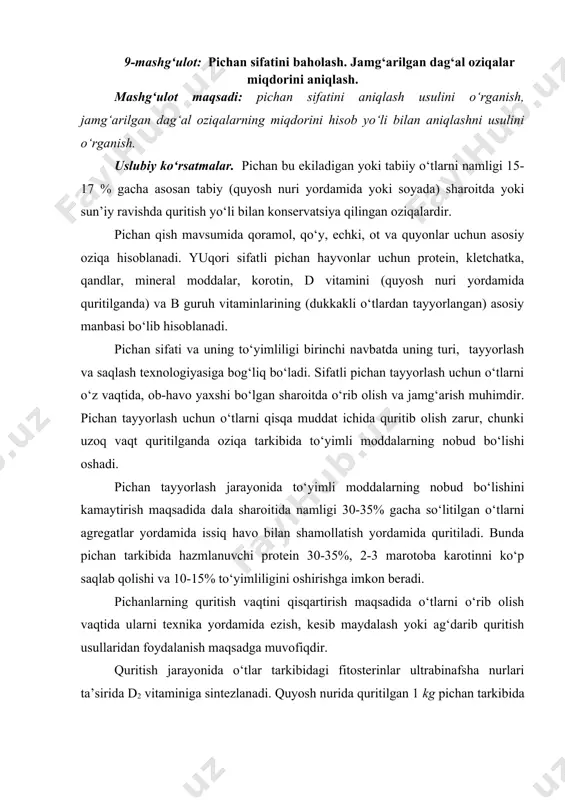 yordamida quritiladi. bunda pichan tarkibida hazmlanuvchi protein 30-35%, 2-3 marotoba karotinni ko‘p saqlab qolishi va 10-15% to‘yimliligini oshirishga imkon beradi. pichanlarning quritish vaqtini qisqartirish maqsadida o‘tlarni o‘rib olish vaqtida ularni texnika yordamida ezish, kesib maydalash yoki ag‘darib quritish usullaridan foydalanish maqsadga muvofiqdir. quritish jarayonida o‘tlar tarkibidagi fitosterinlar ultrabinafsha nurlari ta’sirida d2 vitaminiga sintezlanadi. quyosh nurida quritilgan 1 kg pichan tarkibida 400 xb gacha d2 vitamini hosil bo‘ladi. sun’iy ravishda quritilgan pichan tarkibida d2 vitamin miqdori juda kam bo‘ladi. sifatli pichan tayyorlash texnologiyalardan biri bu presslash, rulonlarga o‘rash yoki briketlashdir. buning uchun dala sharoitda o‘tlar 30-35% namligigacha quritiladi, so‘ng texnika yordamida yig‘ishtirib olinadi, toylarga joylashtirilib konditsiya namligigacha issiq havo bilan quritiladi. presslangan toylar kattaligi 36x50x90 sm bo‘lib ularning zichligi 110-130 kg/m3 dan oshmasligi kerak. pichanlarni o‘rama shaklda presslaydigan mexanizmlar 550-700 kg keladigan silindr shakldagi toylar tayyorlanadi. pichanlardan briket tayyorlashda kichik shakldagi zichlangan bo‘laklar ishlab chiqariladi. bunda biriket tarkibiga ratsionlarni boyitadigan komponetlar …