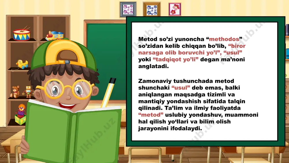 qaysidir maqsad yoki natijaga erishish uchun xizmat qiladi. vosita bu _ ta’limda “vosita” deganda o‘quvchilarga bilim va ko‘nikmalarni samarali yetkazish uchun qo‘llaniladigan turli materiallar, texnik uskunalar, uslubiy qo‘llanmalar va texnologiyalar nazarda tutiladi. vosita tushunchasining ta’limdagi ahamiyati darsliklar va qo‘llanmalar: o‘quvchilar bilimlarini mustahkamlash uchun asosiy manba sifatida xizmat qiladi. vizual vositalar: diagrammalar, grafikalar, modelllar, xaritalar va tasvirlar orqali bilimni tushunishni osonlashtiradi. texnologik vositalar: kompyuter, proyektor, elektron taxtalar, interaktiv dasturlar kabi vositalar ta’limni interaktiv va qiziqarli qiladi. ta’lim jarayonida foydalaniladigan asosiy vositalar quyidagilardir: audiovizual materiallar: video va audio materiallar orqali o‘quvchilar mavzuni yanada chuqurroq anglaydi. laboratoriya uskunalari: amaliyotlarni o‘rganish uchun zarur asbob-uskunalar, tajriba jihozlari. vositaning maqsadi va ahamiyati vosita yordamida o‘quvchilar va foydalanuvchilar murakkab bilimlarni osonroq o‘zlashtiradi, ko‘nikmalar shakllanadi va mantiqiy fikrlash rivojlanadi. vosita har qanday o‘quv jarayonini boyitadi va uni qiziqarli va samarali qilishga xizmat qiladi. qovoqni toping. 3 ta bananni toping. qaysi ortiqcha va nima uchun? thank you! image1.png image2.png …