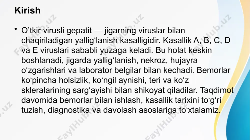 lash bosqichlari bemorni qabul qilishdan oldin shaxsiy gigiyena qoidalariga rioya qilish zarur. bemor bilan suhbatda simptomlar, kasallikning boshlanishi va rivojlanishi, kontaktlar aniqlanadi. somatik tekshiruv amalga oshiriladi: jigarning palpatsiyasi, skleraning holati, siydik va axlat rangi baholanadi. olingan ma’lumotlar asosida kasallik tarixining “anamnez morbi” va “status praesens” bo‘limlari yoziladi. kasallik tarixini yozish – umumiy qoidalar kasallik tarixi yozishda bemorning shikoyatlari, kasallikning boshlanishi, rivojlanishi batafsil yoziladi. anamnez vitae (hayot tarixi)da bemorning yashash joyi, ishlagan joyi, yomon odatlari, emlanish tarixi yoziladi. anamnez morbi bo‘limida kasallik qanday boshlangan, qanday simptomlar bo‘lgan, shikoyatlar kuchaygani, uy sharoitida qaysi davo usullari qo‘llangani ko‘rsatiladi. har bir yozuv aniqlik va aniq terminologiya asosida yozilishi shart. status praesens va fizik tekshiruv status praesens bo‘limida bemorning umumiy holati, teri va skleraning rangi, tilning holati, yurak urishi, nafas olish tezligi va jigarning palpatsiya holati batafsil yoziladi. misol: “bemor hushyor, holi o‘rtacha. teri va ko‘z sklerasi sarg‘aygan. yurak urishi – 82/min, nafas olish – …