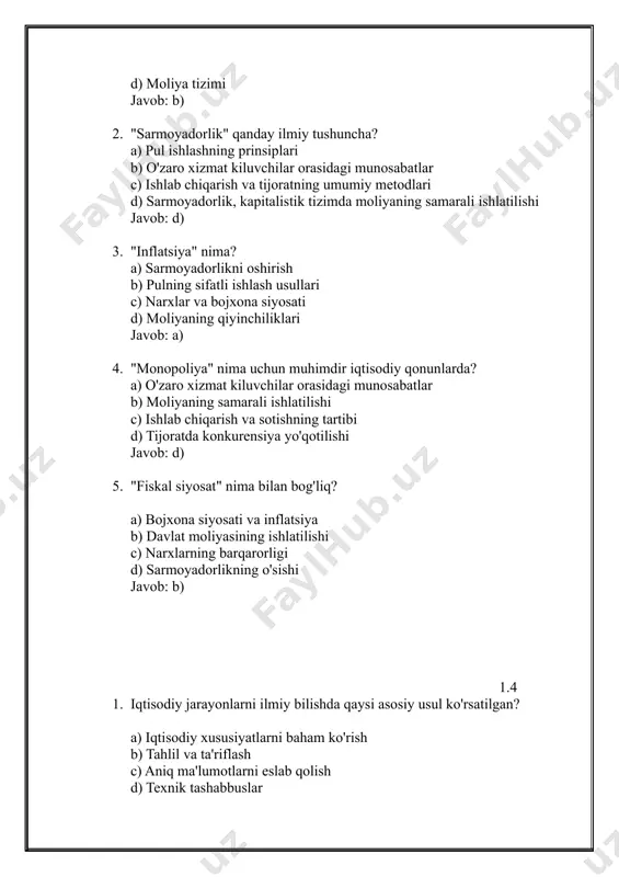 ish jarayoni va uning omillari javob: d) 2. "ishlab chiqarish omillari" ichida qanday qismlar mavjud? a) fizika va kimyo jarayonlar b) umumiy ma'lumotlar c) moliya tizimi va bojxona siyosati d) asosiy omillar, kichik omillar, va tijorat omillari javob: d) 3. qaysi omil "ishlab chiqarish jarayonining o'zaro bog'liqlik darajasini ifodalaydi"? a) asosiy omillar b) kichik omillar c) tijorat omillari d) moliya tizimi javob: a) 4. "tabiiy resurslar va moliyaning ishlatilishi" qaysi omilga kiradi? a) moliya tizimi b) asosiy omillar c) kichik omillar d) tijorat omillari javob: b) 5. "moliya tizimi"ni tahlil qilishda qanday omillar ko'rsatiladi? a) xalqaro iqtisodiy munosabatlar b) o'zaro xizmat kiluvchilar orasidagi munosabatlar c) davlatlararo iqtisodiy munosabatlar d) narxlar va bojxona siyosati javob: c) 2.1 1. "ishlab chiqarish omillari" nima uchun muhimdir iqtisodiyot nazariyasida? a) o'zaro xizmat kiluvchilar orasidagi munosabatlar b) narxlar va bojxona siyosati c) tabiat resurslarini sifatli ishlash d) mahsulotni ishlab chiqarish jarayoni va uning omillari javob: …