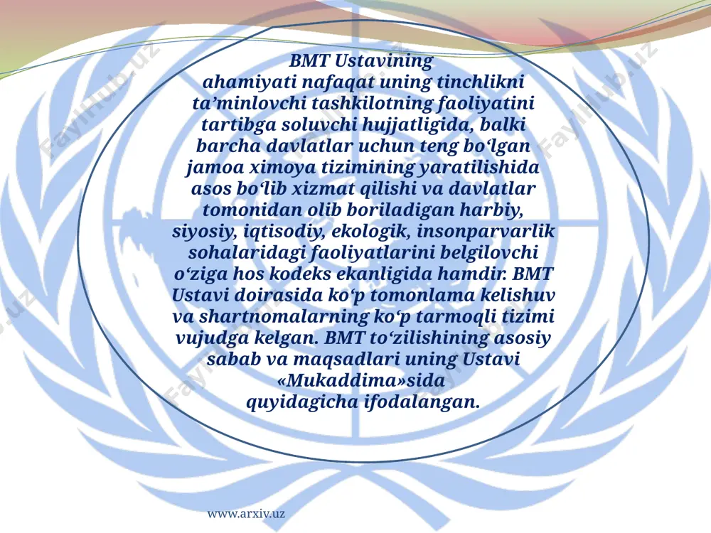 rga kiska muddatli va o‘rta muddatli qarzlar berish kabilardan iborat. xalqaro taraqqiyot va qayta tiklash bankining asosiy maqsadi o‘ziga a’zo bo‘lgan davlatlar iqtisodiyotini tiklash va rivojlantirishga yordam berish, chet el xususiy sarmoyadorlarini qo‘llab-kuvvatlash va sanoatni rivojlantirish uchun qarzlar berishdan iborat. www.arxiv.uz bmtning ozik-ovkat tashkiloti va kishlok xujaligi (fao) 1945 yilda tashkil etilgan. uning madsadlari ozik-ovkatlar si-fatini yaxshilash, aholi turmush tarzini yaxshilash, kishlok xujaligi hosildorligini oshirish, ozik-ovkat maxsulotlari taqsimoti tizimlarini yaxshilash singarilardan iborat. kishlok xujaligini rivojlantirish xalqaro fondi (ifad) 1976 yilda tashkil etilgan, qarorgoxi rim shaxrida. fondning asosiy maqsadi rivojlanayotgan davlatlar kishlok xujaligining rivojlanishiga kumak berish va buning uchun qo‘shimcha mablaglar berishdan iborat. xalqaro fuqaro aviatsiyasi tashkiloti (ikao) 1944 yilda tashkil etilgan. uning qarorgoxi monreal shaxrida. ikao xalqaro aeronavigatsiyaning tamoyillari va usullarini rivojlantirish, xalqaro havo yo‘llarida xavfsizlikni ta’minlash, havo transportini rejalashtirish va rivojlantirshpni qo‘llab-kuvvatlash kabi maqsadlarni ko‘zlab tashkil etilgan. xalqaro dengiz tashkiloti (imo) 1948 yilda tashkil etilgan, qarorgoxi londonda. ushbu tashkilotning …