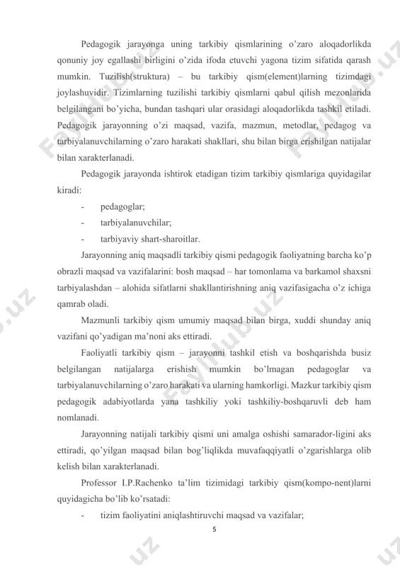 y-texnik ta’minot; - tizim va uning samaradorligi ko’rsatkichlarining moliyaviy ta’mi-noti; - shart-sharoit(psixofiziologik, sanitar-gigienik, estetik va ijti-moiy); - tashkil etish va boshqarish. amerikalik pedagog f. g. kumbs quyidagilarni ta’lim tizimining asosiy tarkibiy qismlari deb hisoblaydi: - tizimning faoliyatini aniqlashtirib beruvchi maqsad va birinchi galdagi vazifalar; - ta’lim oluvchilar hamda tizimning asosiy vazifasi hisoblanmish o’qitish; - tizim faoliyatini muvofiqlashtirish, rahbarlik va baholashni amalga oshiruvchi boshqarish; - turli vazifalar bilan bog’liqlikda o’quv muddati hamda ta’lim oluvchilar guruhining tuzilishi va taqsimlanishi; - mazmun – eng asosiysi, ta’lim oluvchilar ma’lumotga ega bo’lishlari shart; - o’qituvchilar; - o’quv qo’llanmalar: kitoblar, doskalar, xaritalar, filьmlar, laboratoriyalar va boshqalar; - o’quv jarayoni uchun zarur bo’lgan bino; - texnologiya – ta’limda foydalaniladigan barcha metod va usullar; - bilimlarni baholash va nazorat qilish: qabul qilish, baholash, imtihonlar, tayyorgarlik sifati qoidalari; - bilimlarni oshirish va tizimni takomillashtirshi uchun tadqiqot ishlari; - ta’lim samaradorligi ko’rsatkichlari xarajatlari. 2. pedagogik jarayon qonuniyatlari – bu ob’ektiv …