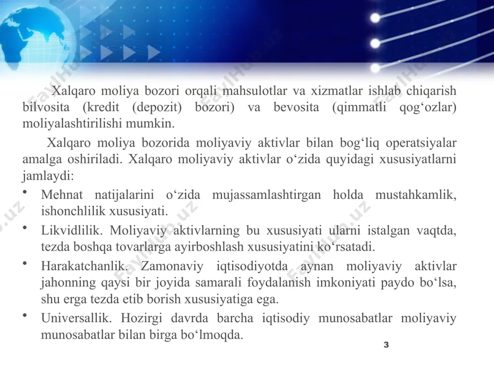 idagi asosiy farqlar birinchidan, adtni chiqarishga qo‘yilgan talablar gdtga nisbatan og‘irligi, yoki emitent faoliyatining barqaror taraqqiyoti bilan bog‘liqligi. ikkinchidan, adt faqat aqsh bozorlarida, gdt esa, aqshdan tashqari jahonning boshqa bozorlarida ham muomalada bo‘lishining mumkinligi. uchinchidan, adt asosan, fond birjalarida, gdt esa birjadan tashqari uyushgan va uyushmagan savdo tizimlarida muomalada bo‘ladi. 10 aktsiyadorlik jamiyatlari aksiyalarini gdtlar orqali xalqaro muomalasini tashkil etishda ikki xil tanlov joriy etilgan bo‘lib, ular aqsh bozorlari yoki undan tashqari bozorlarga mo‘ljallangan turli dasturlar majmuasidir. gdtlarni chiqarish aqshdan tashqari barcha bozorlarda “qayd etish” mexanizmi orqali, aqsh bozorlarida esa, “144 a” qoidasi, shuningdek 1, 2 va 3-darajali adtlarini chiqarish tartiblari orqali amalga oshiriladi. 11 hozirgi kunda depozitar tilxatlarning jahon miqyosidagi muomalasini tashkil etish orqali iqtisodiyotning real sektoriga xorijiy investitsiyalar keng jalb qilinmoqda. mazkur faoliyatni asosan aqsh banklari amalga oshiradi. xususan, “jp morgan”, “citibank”, “bank of new york” hamda germaniyaning “deutche bank”i dtlarni jahon bo‘ylab joylashtirishda etakchi banklardan hisoblanadi. 12 …