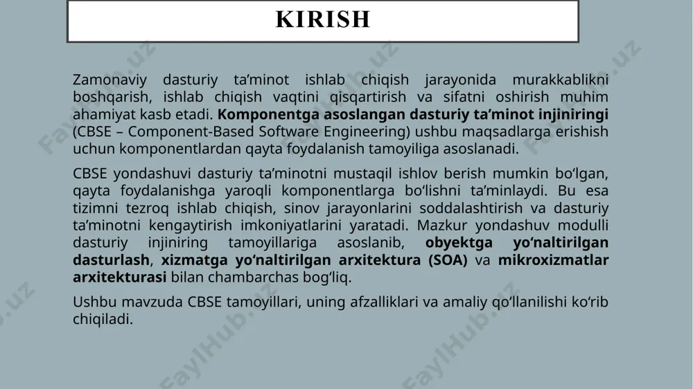 entalar qayta ishlatilishi mumkin. bir marta ishlab chiqilgan komponenta boshqa tizimlarda yoki loyihalarda qayta ishlatilishi mumkin. bu vaqt va resurslarni tejashga yordam beradi. mustaqillik: har bir komponenta mustaqil bo‘lishi kerak. bu komponentaning ishlashini boshqarish uchun boshqa tizim qismlariga bog‘liq bo‘lmasligi va xatoliklarning tizimga ta'sir qilmasligini ta'minlaydi. komponenta o‘zining funksiyalarini boshqarishi va boshqa qismlardan alohida ishlashi kerak. interfeyslar orqali aloqalar: komponenta o‘zaro interfeyslar orqali aloqada bo‘ladi. bu interfeyslar tashqi tizimlar bilan bog‘lanish imkonini beradi. komponentaning o‘ziga xos metodlari va xizmatlari interfeyslar orqali taqdim etiladi, bu esa uni tizimga qo‘shishda osonlik yaratadi. testlanish va sifatni ta'minlash: komponentalar alohida ishlab chiqilib, mustaqil ravishda testlanadi. bu tizimning umumiy sifatini oshiradi, chunki xatoliklar faqat bitta komponentada bo‘lishi mumkin va ularni tuzatish osonroq. komponentalarning alohida testlanishi tizimning barqaror ishlashini ta'minlaydi. integratsiya qilish osonligi: komponentalar integratsiya qilinishi oson bo‘lishi kerak. ularning interfeyslari va ishlash mexanizmlari boshqa tizimlar bilan mos bo‘lishi kerak. bu tizimni kengaytirishda va yangi komponentalar …