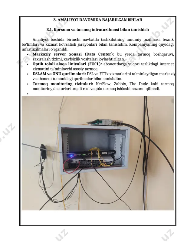 lish nuqtasini aniqlash focl tahlil qilish 6.4. xulosa xati farg‘ona tumani hokimligi manzil: farg‘ona viloyati, farg‘ona tumani, vodil mfy, marg‘ilon ko‘chasi, 1-uy tel: +998 73-353-15-64 talabani xulosalash xati farg‘ona davlat texnika universiteti, axborot texnologiyalari va telekommunikatsiya fakulteti, telekommunikatsiya texnologiyalari yo‘nalishi, s732-21 ttt-guruh talabasi ergashev abdushukur topvoldi o‘g‘li 2025-yil 16-iyun kunidan 5-iyul kuniga qadar farg‘ona tumani hokimligida malakaviy amaliyotni o‘tadi. amaliyot davomida talaba: · texnik intizomga rioya qildi; · belgilangan topshiriqlarni o‘z vaqtida va mas’uliyat bilan bajardi; · tarmoq qurilmalari bilan ishlashda ijobiy bilim va ko‘nikmalarga ega ekanini ko‘rsatdi. farg‘ona tumani hokimligi jamoasi uni ijobiy fikrlar bilan eslab qoladi va kelajakdagi faoliyatida muvaffaqiyat tilaydi. amaliyot rahbari: sh.mukarramov “5” iyul, 2025-yil image5.jpeg image6.jpeg image1.jpeg image2.jpeg image3.jpeg image4.jpeg