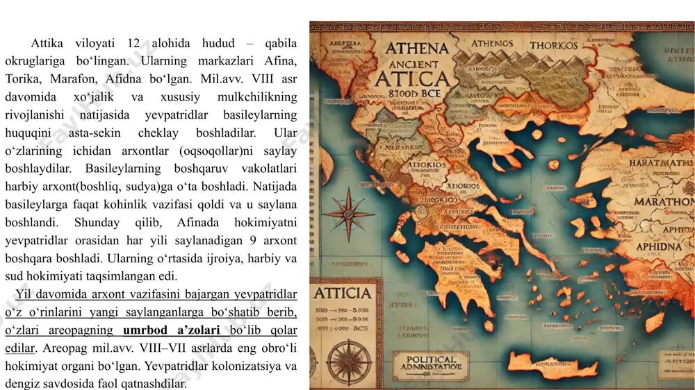 tizimi isloh qilindi. 30 yoshga yetgan erkin afina fuqa­rolaridan sud maslahatchilari – gemey joriy qilindi. gemey fuqarolar ishi bo‘yicha oliy appelatsiya huquqiga ega bo‘ldi. faqat u jinoiy ishlar bo‘yicha hukm chiqara olar edi. odam o‘ldirish bo‘yicha sud ishi sobiq arxontlar kengashi areopag qo‘lida qoldi. siyosiy huquq mulkiy senz asosida taqsimlandi. afina jami­yati to‘rt toifaga ajratildi: 1. pentakosiomedimnlar – bir yilda 500 medimn g‘alla yoki 500 metret (bir metret – 39 litr) zaytun yog‘i oladigan fuqarolar. 2. suvoriylar (gippeylar). 3. zevgitlar – ikkita eshak aravaga ega bo‘lgan og‘ir qurolli piyodalar. 4. fetlar – hunarmandlar. faqat birinchi uch toifa amalda davlat lavozimlarini egallashi mumkin edi. oliy arxont mansabiga faqat pentakosiomedimn­lar da’vo qilishlari mumkin edi. fetlar polisning bevosita bosh­qaruvidan chetlashtirildilar. xalq yig‘ini – eklessiyada oddiy fuqarolar davlatning umumiy siyosatini belgilashda mansabdor shaxslarni saylashga ta’sir ko‘rsatish, maslahatchilar sudi (gelieya)da ishtirok etib, mansabdor shaxslarning suiiste’mollarini yo‘q qilishlari mumkin edi. solon fuqarolarining siyosiy faolligiga jiddiy e’tibor …