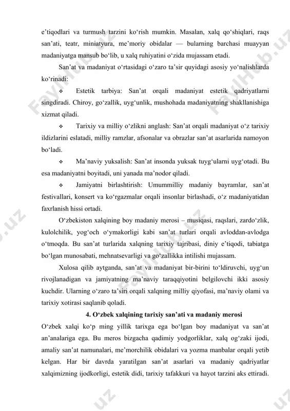 iradi: · me’moriy obidalar – registon ansambli, shohi zinda, minorai kalon, ko‘kaldosh madrasasi kabi yodgorliklar xalqimizning me’morchilik san’atidagi yutuqlarini ifodalaydi; · amaliy san’at – zardo‘zlik, gilamdo‘zlik, misgarlik, kulolchilik kabi kasblar xalq hunarmandchiligining yuksak namunasi hisoblanadi; · xalq og‘zaki ijodi – dostonlar, afsonalar, maqollar, topishmoqlar xalqning donishmandligi, hayotiy tajribasi va ma’naviy dunyosini aks ettiradi; · musiqa va raqs – maqom san’ati, xalq qo‘shiqlari, an’anaviy raqslar xalq qalbining ohangini ifodalaydi. o‘zbek san’ati va madaniy merosi nafaqat milliy g‘urur manbai, balki butun insoniyat tamadduniga qo‘shilgan bebaho hissadir. bu merosni asrash, o‘rganish va yosh avlodga yetkazish har bir avlodning sharafli burchidir. bugungi kunda mustaqil o‘zbekiston sharoitida milliy madaniyat va san’at yangi bosqichga ko‘tarilmoqda. madaniyat va san’at sohasida qabul qilingan davlat dasturlari, festival va tanlovlar, madaniy markazlarning faoliyati – bularning barchasi o‘zbek xalqining boy tarixiy madaniy merosini tiklash va uni dunyoga tanitishda muhim ahamiyat kasb etmoqda. xulosa etnologiya fanining muhim yo‘nalishlaridan biri sifatida tarix, san’at …