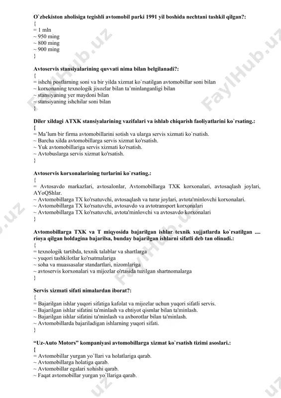 h, tozalash, zapravka qilish. ~ butlash, yuvish-tozalash va qarov ishlari. ~ mijozlar talablariga qarab bajariladigan ishlar. } avtomobillarni texnik ekspluatatsiyasi deganda, “........” tushuniladi.: { = amaliy faoliyat sifatida texnik, iqtisodiy, tashkiliy va ijtimoiy tadbirlar majmui. ~ ishlab chiqarish va material zaxiralaridan tejamkorlik bilan foydalanib, avtomobil parkini texnik tayyor holatda saqlab turish uchun utkaziladigan texnik, iqtisodiy va tashkiliy ishlarni bajarish. ~ muhandis texnik xizmatini sifatli tashkil etish. ~ avtomobil parkini texnik tayyor holatda ushlab turish. } as korxonasidagi texnik xizmat ko`rsatish turlari.: { = kx, tx-1, tx-2, mx. ~ tx-2, jt, kt. ~ tx, sx, mx. ~ mx, jt, kt. } avtomobil dvigatelida buzilishlar va yeyilishlar ko`proq yilning qaysi oylarida ishlatilganda sodir bo`ladi.: { = dekabr, yanvar, fevral. ~ mart, aprel, may. ~ iyun, iyul, avgust. ~ sentyabr, oktyabr, noyabr. } yangi avtomobillarni kafolatli ishlatish muddati davomida xizmat ishlarining tarkibi.: { = servis daftarchasida ko`rsatilgan reglamentli ishlar. ~ yuvish-tozalash, diagnostika va …