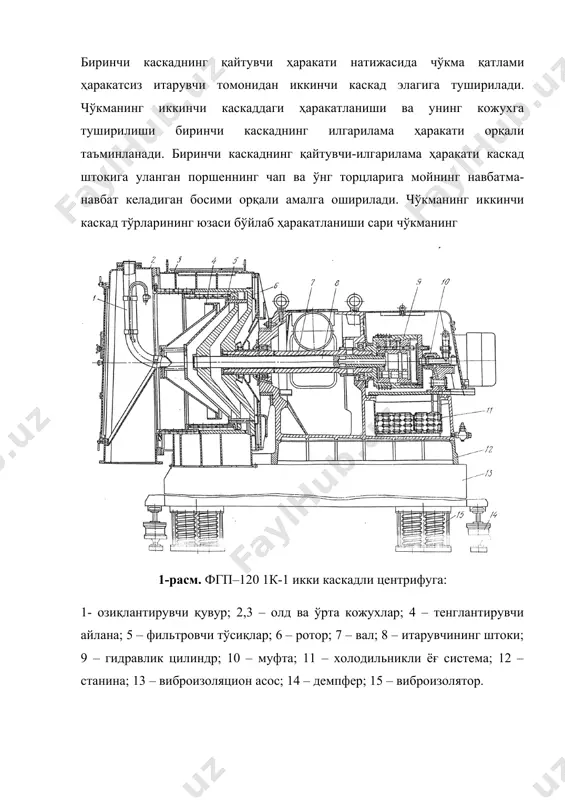 р-классификато-рларга бўлинади. шунингдек, сепараторлар конструктив белгилари бўйича ҳам бўлинади. сос-501 к-3 сепаратори узлуксиз ишлайдиган ликопчали типдаги сепаратор-қуюқлаштиргичдан иборат бўлиб, ундаги қуюқлаштирилган суспензия барабандан узлуксиз равишда марказдан қочма соплоли усулда чиқарилади ва ишлаб бўлинган культурал суюқлик эркин тарзда оқизиб юборилади. ушбу машина турли хил хом ашё манбаларидан олинган ачитқиларни концентрлашга мўлжалланган, ҳамда унинг физик-механик хусусиятларига кўра ачитқиларга яқин бўлган бошқа микроорганизмларни концентрлаш учун тавсия этилади. сепараторнинг асосий элементларига (расм. 3) станина, ликопчалар ва валга эга барабан (ротор), приводли 3-расм. сепаратор сос-501к-3 сепаратор. механизм, концентрланган суспензия ва ишлаб бўлинган культурал суюқлик учун мўлжалланган тўплагичлар киради. ачитқи суспензиясининг ажралиши ва концентрланишини таъминловчи барабан сепараторнинг ишчи органи бўлиб ҳисобланади. барабан ичида ташқи юзасида ликопчалар орасидаги 0,8 мм ли оралиқни ҳосил қилувчи қовурғалари бўлган конуссимон ликопчалар жойлашган. барабандаги ликопчалар йиғмаси (пакети) ликопча ушлагичга крестовина ва диск ушлагич ёрдамида йиғилган барабаннинг маҳкамланишини таъминловчи запорли узукли гайка билан маҳкамлаб қўшилади. корпуснинг пастки қисмида айланма бўйлаб очиқ каналлар …