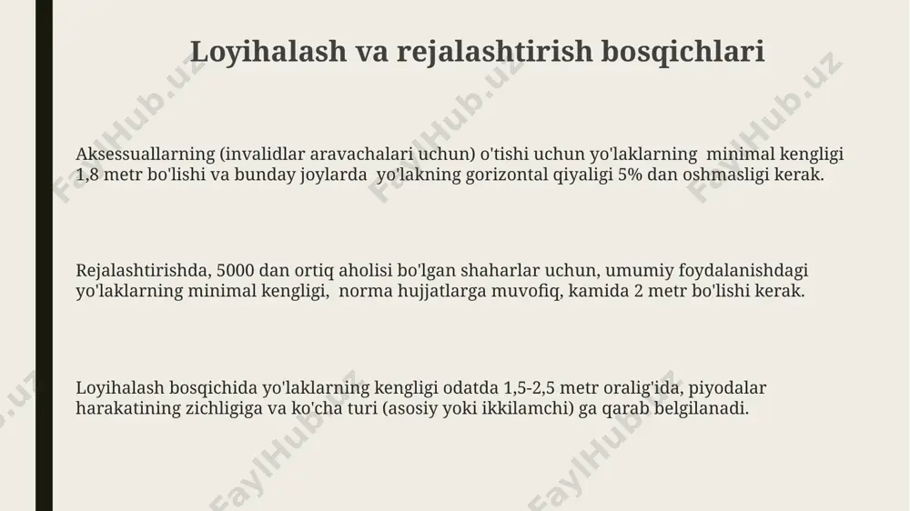 ri, o'rtacha 1 kvadrat metr uchun 50 aqsh dollari miqdorida hisoblanganda, loyihaning umumiy byudjetini 20-30% ga oshirishi mumkin. qurilish materiallari narxlari o'zgarishi, masalan, asfaltning 1 tonnasi uchun 15% ga oshishi, kichik loyihalarda ham 5000 aqsh dollarigacha qo'shimcha xarajatlar keltirib chiqarishi mumkin. amaliy misol va tahlil 1000 kishilik aholi punktida, har bir kishiga 1,5 m² piyodalar yo'lagi kerak bo'lsa, 1500 m² maydon talab etiladi, bu esa 7,5 metr kenglikdagi yo'lakni talab qiladi. 50 metrlik ko'cha uchun 2 metr kenglikdagi piyodalar yo'lagi loyihalashda 10% o'tish joylarini hisobga olgan holda umumiy maydon 110 m² ni tashkil etadi. piyodalar zichligi 1 m²/kishi bo'lganda, soatiga 1000 kishi o'tayotgan 20 metrli ko'cha uchun minimal 1000 m² maydon, ya'ni 50 metr kenglikdagi piyodalar yo'lagi kerak bo'ladi. kelajakdagi istiqbollar va tavsiyalar kelajakda, piyodalar yo'laklarining kengligi standartlarini takomillashtirish va 5 yildan keyin qayta ko'rib chiqish, shahar rivojlanishi va aholi ehtiyojlarini hisobga olgan holda optimal echimlarni ta'minlaydi. piyodalar yo'laklarining kengligini …