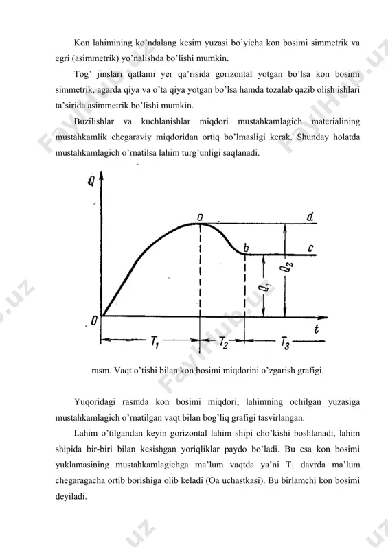 on bosimi ta’sir qiladi (ad uchastkasi). q2 miqdori q1 miqdoridan katta bo’lsa (q2>q1) lahim mustahkamlagichlari moslashuvchan bo’lishi kerak. kon lahimi o’tkazilganda tog’ jinslarining mustahkamligi har xil bo’lganda yumshoqroq tog’ jinsi ulashgan joyida (kontakt) kon bosimi yuqoriroq bo’ladi. kon bosimi miqdori lahimni o’tish usullariga ham bog’liqdir: burg’ilash-portlatish usulida kon bosimi yuqoriroq, kombayn, gidravlik usullar bilan o’tilganda kon bosimi kamroq bo’ladi. vaqt o’tishi bilan lahimda kon bosimi miqdori oshadi, bunga tog’ jinslarining suvlanishi va shaxta havosi ham ta’sir ko’rsatadi. yuqoridagi fikrlardan quyidagicha xulosaga kelish mumkin: kon bosimi miqdori lahim joylashgan chuqurlikka; ochilgan yuza davomiyligiga; lahimning turi, shakli, o’lchamlariga; mustahkamlagich tuzilishi va materialiga; tog’ jinslari xarakteri va qatlamlarining yotish burchagiga; tozalab qazib olish ishlari ta’siriga bog’liqdir. gorizontal kon lahimlarida kon bosimi prof. m.m. protodyakonov gipotezasi. bu gipoteza mohiyati shundan iboratki, agarda lahim shipi noturg’un bo’lsa, lahim devorlari va tagi turg’un bo’lsa, u holda o’tilgan lahim ustida shakli parabolasimon tabiiy muvozanatli gumbaz hosil bo’ladi. …