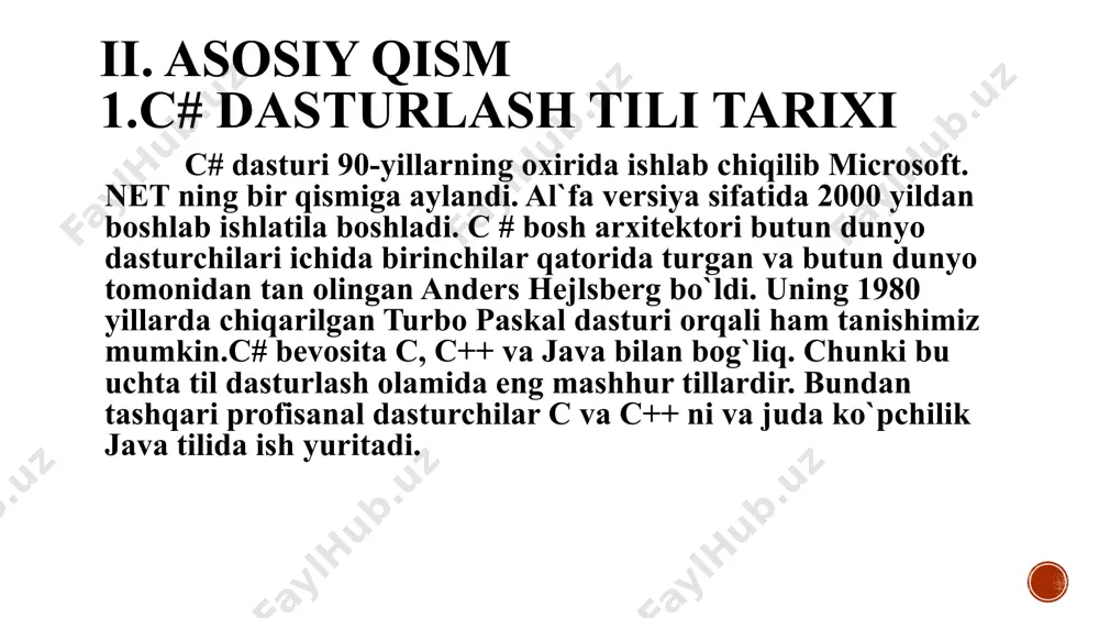 ndows font dialog-ni ishga tushirishga imkon beradi va shrift va shrift rangini tanlashga imkon beradi. ushbu maqolada biz windows shrift dialogidan qanday foydalanish va uning xususiyatlarini windows forms ilovasida sozlash haqida gaplashdik. 6. colodialog muloqot oynasi. 7. colordialog xususiyatlari formada colordialog boshqaruvini joylashtirgandan so'ng, keyingi qadam xususiyatlarni o'rnatishdir. xususiyatlarni o'rnatishning eng oson usuli - xususiyatlar oynasi. siz f4 tugmachasini bosib xususiyatlar oynasini ochishingiz yoki boshqaruv tugmachasini o'ng tugmasini bosib, xususiyatlar menyusi bandini tanlashingiz mumkin. xususiyatlar oynasi 3-rasmga o'xshaydi. xulosa bu kurs ishini yozish davomida quyidagilarni o’rgandim: 1. visual c# tilida dasturlash texnologiyasi. 2. c# tilining c,c++ dan farqi. 3. fontdialog muloqot oynasi. 4. fontdialog properties - xususiyatlarni ko'rsatish 5. colodialog muloqot oynasi. 6. colordialog xususiyatlari 7. colordialog kodining misoli 8. c# dasturlash tili tarixi va boshqalar. fontdialog boshqaruvi foydalanuvchilarga windows font dialog-ni ishga tushirishga imkon beradi va shrift va shrift rangini tanlashga imkon beradi. ushbu kurs ishida men windows shrift …