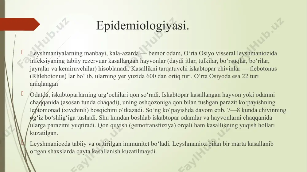 iyadan ancha oldin) paydo bo‘lishi tashxis uchun juda muhimdir. parazitologik tekshiruv uchun olingan materialdan surtmalar tayyorlab, romanovskiy usuli bilan bo‘yaladi va mikroskop (hozirgi davrda hatto elektron mikroskop) ostida ko‘riladi. i.a.kassirskiy taklif etgan — to‘sh suyagini punksiya qilish usuli xavfli bo‘lganligi va bundan ko‘p qon olib bo‘lmasligi tufayli 1950-yillardan boshlab yonbosh suyagiga punksiya qilish usulidan foydalanib kelinmoqda serologik usullardan — kompliment biriktirish reaksiyasi, immunoferment analiz (ifa) va boshqalar qo‘llanadi. biologik usullaridan ham foydalanish mumkin. davolash. hozirgi davrda leyshmaniozni davolashda qo‘llanilayotgan dorilar orasida 5-valentin surma preparatlari eng samarali hisoblanadi. preparat tizimda ko‘rsatilgan dozada har kuni bir marta, katta yoshdagi bemorlarga esa u dozani ikkiga bo‘lib, yarmini ertalab, qolgan yarmisini kechqurun venaga yuboriladi. agar 7-5 marta yuborilgandan so‘ng bemorning ahvoli tuzalishga boshlanmasa, preparat dozasini bolalarga har bir kilogramm og‘irligiga 0,15 g dan, kattalarga — 0,12 g dan oshirish kerak bo‘ladi s u r m a preparatlari bemorda zotiljam, nefrit va sariqlik bo‘lgan taqdirda …