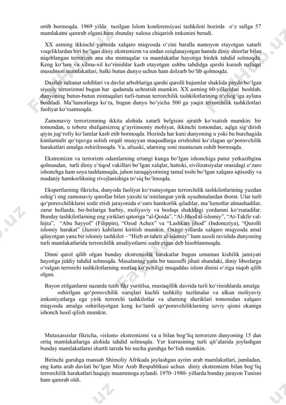 angan davlatlarda – 0.9%)ni tashkil etmoqda. islom dunyosida “demografik port-lash” kuzatilmoqda. musulmon mamlakatlarining neft, gaz va bosh-qa tabiiy resurslarning ulkan zahiralariga egaligi o‘arb iqtisodiyoti uchun nihoyatda katta ahamiyatga ega. g‘arb dunyosining yaqin va o‘rta sharqdagi uglevodorod resurslariga bo‘lgan bog‘liqligi yaqin istiqbolda ham saqlanib qoladi. buni anglagan musulmon davlatlari tabiiy resuslardan maksimal ravishda foydalanib, o‘z iqtisodiyotlarini rivojlantirishga harakat qilmoqdalar. bir qator musulmon mamlakatlarida chet eldan yangi qurol-yarog‘ sotib olish hamda zamonaviy harbiy infratuzilma yaratish orqali o‘zining harbiy kuch-qudratini oshirish, hatto, ommaviy qirg‘in quroliga ega bo‘lishga intilish jarayonlari tobora kuchayib bormoqda. pokiston yadroviy qurolga ega bo‘ldi. zamonaviy texnologiyalarni qo‘llash orqali yirik musulmon mamlakatlari milliy sanoatni rivojlantirib bormoqda. oxirgi paytda ayrim musulmon mamlakatlarining, ayniqsa, pokiston, eron, saudiya arabistoni, misr va indoneziya kabi davlatlarning xalqaro maydondagi ta’siri kuchayib bormoqda. ayni payt-da, xalqaro maydonda birlashib, yakdil siyosat olib borish yo‘lidagi harakatlar chuqurlashib bormoqda shu bilan birga, xalqaro islom tashkilotlarining nufuzi ham ortib bormoqda. 1969 yilda …