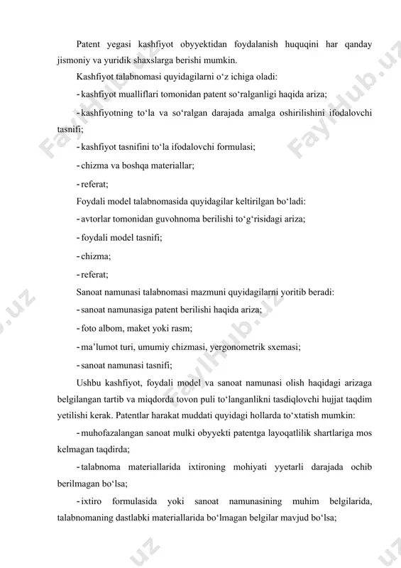siya kengashi qaroridan qoniqmagan holatlarda qaror qabul qilingan kundan boshlab 6 oy muddat ichida oliy sudga murojaat qilishi mumkin. patent yegasi bo‘lmagan har qanday shaxslar kashfiyotdan yoki sanoat mulk obyyektidan (mualliflik huquqi) patent, dastlabki patent yoki guvohnoma bilan muhofazalangan sanoat yegasining ruxsati bilan litsenziya shartnomasi asosida foydalanish huquqiga yegadir. litsenziya shartnomasi patent idorasida ro‘yxatdan o‘tkazilishi mumkin. patent yegasi sanoat mulk obyyektidan foydalanish huquqini har qanday shaxsga topshirishga rozi yekanligi to‘g‘risida patent idorasiga ariza berishi mumkin. bu iqtisodiy adabiyotlarda ochiq litsenziya deb talqin yetiladi. bunday holda patent idorasi bu xil arizalar to‘g‘risidagi ma’lumotlar ye’lon qilinganidan keyingi yildan boshlab, patentning amal qilishini saqlab turish uchun to‘lanadigan boj haqi 50 foizga kamaytiriladi. ochiq litsenziya sotib olish istagini bildirgan shaxs patent yegasi bilan to‘lovlar haqida shartnoma tuzishi shart. shartnoma talablari bo‘yicha nizolar xo‘jalik sudi tomonidan ko‘rib chiqiladi. patent yegasining ochiq litsenziyaga huquq berilishi haqidagi arizasi qaytarib olinmaydi. vazirlar mahkamasi mamlakatning ayrim korxona va tashkilotlarga …