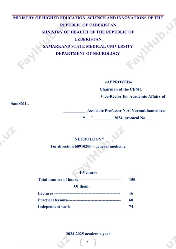 ev s.a. head of the department of neurology: djurabekova a.t. faculty ________________________________________________________________ group ________________________________________________________________ full name of the student ________________________________________________________________ teacher ________________________________________________________________ table of contents 1. calendar and thematic plan 5 2 clinical anatomy of the nervous system. neuron. synapse. clinical anatomy of the spine. spinal cord segment. cyto and myeloarchitectonics. brain stem. cerebral hemispheres. inner capsule. higher nervous activity. brain damage syndrome. 6 3 movement coordination and extrapyramidal system. cerebrum. structure. inspection methods. subcortical nuclei. strio-pallidar system. damage syndromes: cerebellar ataxia; hyperkinetic-hypokinetic and akinetic-rigid. 8 4 active movements and their disorders. realization of active movements. pyramidal system. central and peripheral motor neurons. cortical-nuclear and cortical-spinal tracts. reflexes. symptoms of central (spastic) and peripheral (flaccid) paralysis. syndrome of movement disorders in lesions of the motor way at different levels 10 5 sensitive system and symptoms of lesion. the conception of the reception. types of receptors. clinical classification of sensitivity. pathways …