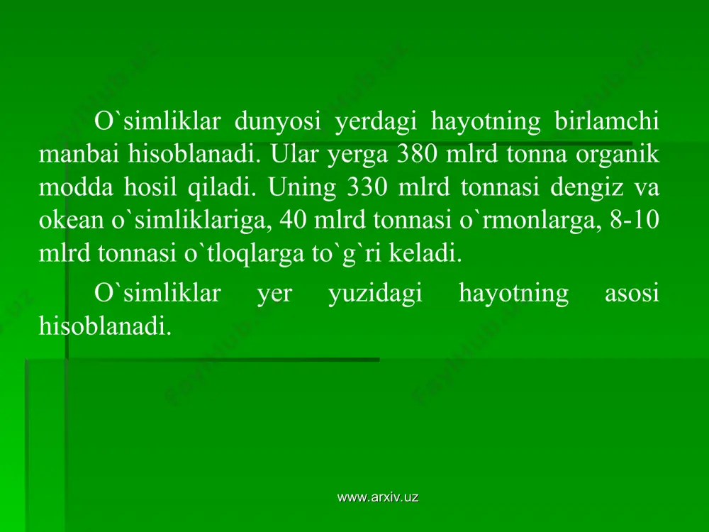 o`zbekiston tabiati xilmaxil bo`lib, uning cho`l qismida bir xil tabiiy muhit mavjud bo`lsa, to`kaylarda ikkinchi xil, adir va tog`larda yana boshqacha muhit. vujudga kelgan. binobarin, o`sha tabiiy sharoitga bog`liq holda cho`lga, to`qayga, voxaga, adirga, toqqa, yaylovga moslashgan hayvonlar yashaydi. www.arxiv.uz www.arxiv.uz cho`l hayvonlari. cho`l hayvonlari uzoq davom etgan quruq, jazirama yozga, qumli, sho`rxok, gilli, toshloq sharoitga moslashgan. shu sababli ba`zi hayvonlar uzoq davom etgan qurg`oqchil, nihoyatda issiqqa, yozga chidamli bo`lib, umrida suv iste`mol qilmay o`simliklar tarkibidagi namlik bilan cheklansa, (yumrochqoziqlar, qo`shoyoqlar, ko`rsichqon) ba`zilar, chunonchi oqquyruq, jayron chopqir (soatiga 50—60 km. tezlikda chopadi) bo`lib, uzokdagi suvloqdan foydalanadi. www.arxiv.uz www.arxiv.uz cho`lda hasharotlardan qoraqurt, chayon, falanga, tarantul (biy), chigirtka kabilar mavjud. bular ichida qoraqurt, chayon, falanga, biy zaharli o`rgimchaklar turiga kiradi. cho`p hayvonlaridan echkemar, jayron, qum charxiloni, turkiston kobrasi (kapcha ilon), qoraqurt kabilar xakida qisqacha ma`lumot beramiz. echkemarlar oilasi ichida cho`lda yashovchi eng katta turi— buz echkemar hisoblanadi. uning uzunligi 1,5 m ga …
