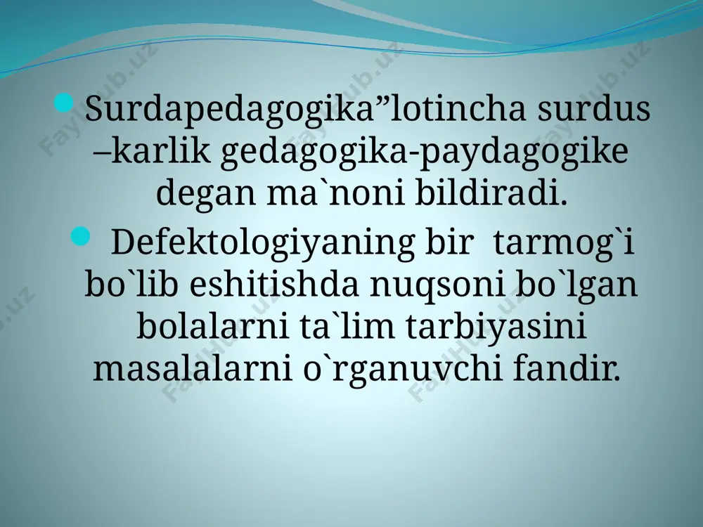 r uchun 2)imo-ishora asosida muloqat qiluvchilar uchun ya. t speshnev tomonidan eshitishda nuqsoni bo`lgan bolalar nutq saviyasini yaxshilash bo`yicha differensiallanadi, asosiy nuqson darjasi hisobga olinmaydi.bunday hol ularni o`qitish mobaynida kerakli samara bermadi. eshitishda qobilyati juda nuqsonli bo`lgan bolalarni yuqori o`zlashtiruvchanlikni boshqa tomonidan eshitish qobiliyati saqlangan bola yuqori o`zlashtiruvchanliklari boshqa tomondan eshitish qobiliyati saqlangan bolalarning nuqsonli bo`lgan o`zlashtiruvchanliklari kuzatiladi.bunday hol o`qituvchilar tomonidan o`quvchilar aqliy rivojlanishi bo`yicha ajratib o`qitishga majbur qiladi l.v.neyman eshitish chastotasini maydoni yordamida qabul qilish dipazoniga asoslanib karlarni 4 guruh 1-guruh eng nuqsonli bo`lgan chastotalarni qabul qiladigan -125-205gk bu bolalar tovushlarni ajrata olmaydi faqat quloq oldida baland ovozni eshtadilar.(poezdni va hokozo) 2-guruh 125-250-500gk chastota qabul qiladi. eshtib “o, u”unlilarni ajratadi yaqindan eshitadi 3-guruh nuqsonli bo`lgan va o`rtacha 125-250-500-1000gk chastotalarni qabul qiladi 3-4 unilarni anglaydi 4-guruh 125-2000gk quloq oldida va uzoq bo`lmagan masofadagi gaplarni eshitadilar. boskins nutqiy rivojlanish darajasining quyidagi 4 omil aloqadorligini eshitish chastotasi hajmiga qarab kar bolalarnidek guruhlash …