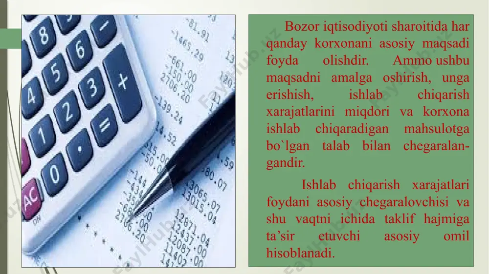 ari, so`m; m - mahsulot miqdori, sentner, dona, kg, tonna va hakozo. firmaning ishlab chiqarish, operatsion, moliyaviy va boshqa faoliyati natijasida yuzaga keladigan xarajatlar o`zbekiston respublikasi vazirlar mahkamasining 1999-yil 5-fevraldagi 54-sonli qarori bilan tasdiqlangan ―mahsulotlar (ishlar, xizmatlar)ni ishlab chiqarish va sotish xarajatlari tarkibi hamda moliyaviy natijalarni shakllantirish tartibi to`g`risidagi nizom‖ga muvofiq quyidagicha turkumlanadi: 1. mahsulot ishlab chiqarish tannarxini hosil qiluvchi xarajatlar ularning iqtisodiy mazmuniga ko`ra quyidagi elementlar bo`yicha ajratiladi: ishlab chiqarishning moddiy xarajatlari; ishlab chiqarish xususiyatiga ega bo`lgan mehnatga haq to`lash xarajatlari; ishlab chiqarishga tegishli bo`lgan ijtimoiy sug`urtaga ajratmalar; asosiy fondlar amortizatsiyasi; - ishlab chiqarish ahamiyatiga ega bo`lgan boshqa xarajatlar. 2. ishlab chiqarish tannarxiga kiritilmaydigan, biroq asosiy faoliyatdan olingan foydani aniqlashda hisobga olinadigan davr xarajatlari elementlari: - boshqaruv xarajatlari; mahsulotni sotish xarajatlari; boshqa operatsion xarajatlar. 3. firmaning umumxo`jalik faoliyatidan olingan foydasini aniqlashda hisobga olinadigan moliyaviy faoliyat bo`yicha xarajatlar: foizlar bo`yicha to`lovlar; mol-mulkni uzoq muddatli ijaraga (lizingga) olish to`lovlari; xorijiy valuta …