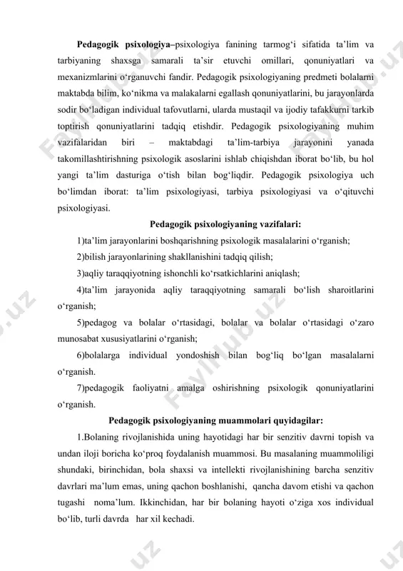 kechadi. 2.bolaga ongli tashkil etilgan pedagogik ta’sir va uning psixologik taraqqiyoti orasidagi bog‘lanish muammosi. ta’lim va tarbiya bolaning rivojlanishiga ta’sir etadimi, yoki u ta’lim va tarbiya natijasida faqat bilim, ko‘nikma va malakalarga ega bo‘lib, uning intellektual va axloqiy rivojlanishga ta’sir qilmaydimi? har qanday ta’lim bolaning rivojlanishiga ta’sir qiladimi yoki faqat muammoli va rivojlantiruvchi ta’lim-mi? 3.ta’lim va tarbiyaning umumiy va yosh muammolari. bola hayotining har bir aniq davrida ta’limga yoki tarbiyaga urg‘u berish kerakmi?- bola hayotining ayni davrida nimaga ko‘proq ehtiyoj sezadi: kognitiv – intellektual yoki shaxs sifatida rivojlanishgami? 4.pedagogik ta’sirlarning kompleksligi va bola taraqqiyotining sistemaliligi xarakteri muammosi. bola taraqqiyotini kognitiv va shaxsiy xislatlarning o‘zgarishi sifatida tasavvur qilsak, ularning har biri alohida rivojlanishi mumkin, har birining rivojlanishi boshqa xususiyatlarga bog‘liq. 5.bola xulq-atvori va psixologik xarakteristikalarining rivojlanishi ta’lim va yetilishga, layoqat va qobiliyatlar, genotip va muhitga bog‘liqligi muammosi. ta’limni bola organizmida ma’lum neyrofiziologik tuzilmalar yetilmasdan boshlash mumkin-mi?ta’lim bolaning organik rivojlanishiga ta’sir qiladimi? …