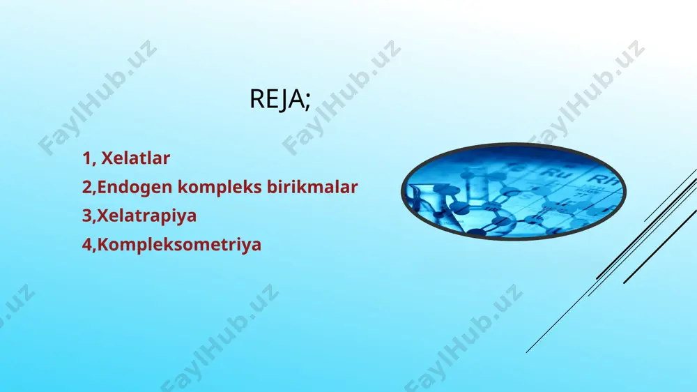 ri barqarorligi katta bo‘lgan funksional guruxlar bilan bog‘langandir. shu sababli faol markaz substrat bilan bevosita ta’sirlanish imkoniyatiga ega bo‘lmaydi va tirik organizmda oksidlanish-qaytarilish jarayonlarida (terminal oksidlanish) elektron tashuvchi vazifasini bajaradi. kompleks hosil qiluvchi markaz vazifasini temir ionlari bajarishi hisobiga ular oksidlanish-qaytarilish jarayonlarida ishtirok etib, ma’lum bir e° qiymatga ega bo‘ladi. agarda gemoglabinni hb bilan belgilasak, undan oksigemoglabin hosil bo‘lishini quyidagicha ifodalashimiz mumkin. bu reaksiyaga teskari jarayonni esa, ya’ni kislorodni a’zolarga tarqalishini quyidagicha yozsak bo‘ladi. hb + o2 → hbo2 gemoglabin oksigemoglabin uglerod monoksidi (co) qondagi gemoglobin bilan bog‘lanib kompleks birikma karboksigemoglobin hosil qilish kobilyatiga ega. bu reaksiyani quyidagicha yozishimiz mumkin: hbo2 →hb+o2 inson o2 bilan birga co bilan ham nafas olsa unda ikki xil birikma ya’ni oksigemoglobin va karboksigemoglobin hosil bo‘ladi. hb +co →cohb karboksigemoglobin umuman olganda odam organizmida doimiy ravishda endogen komplekslar hosil bo‘lishi va parchalanishi kuzatiladi. bularga misol tariqasida organizmga ozuqa mahsulotlari bilan tushgan metall ionlarini o‘zlashtirishni (biotransportni) …