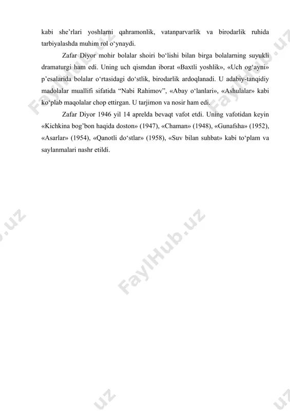 far diyor 1946 yil 14 aprelda bevaqt vafot etdi. uning vafotidan keyin «kichkina bog’bon haqida doston» (1947), «chaman» (1948), «gunafsha» (1952), «asarlar» (1954), «qanotli do‘stlar» (1958), «suv bilan suhbat» kabi to‘plam va saylanmalari nashr etildi.