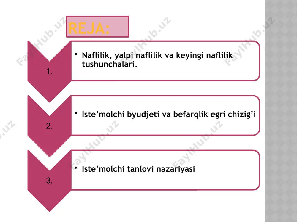 aymoqlar soni so’nggi qo’shilgan naflilik (mu) yalpi naflilik (tu) 0 1 2 3 4 5 6 7 - 10 8 6 4 2 0 -2 0 10 18 24 28 30 30 28 образец текста второй уровень третий уровень четвертый уровень пятый уровень kishining umumiy nafliligi ma’lum iste’mol xajmigacha o‘sib boradi, keyin esa manfiy so‘nggi qo‘shilgan naflilik hisobiga kamayib boradi. sunggi qo‘shilgan naflilik esa har doim tushib boradi. bu so‘nggi qo‘shilgan naflilikning tushib borish qonuni deb ataladi. umumiy va so’nggi qo’shilgan naflilik egri chiziqlari befarqlik egri chizig’i x2 3 a b 2 0 x1 1 2 befarqlik egri chizig’i ehtiyojlarni bir xil darajada qondirilishini ta’minlovchi iste’mol to‘plamlari yig‘indisini namoyon etadi agar iste’molchining a va b tovarlarning barcha to‘plamlari bo‘yicha afzal ko‘rishlarini egri chiziqlar orqali tasvirlansa, befarqlik kartasi hosil bo‘ladi. har bir befarqlik egri chizig‘i kishi har biriga bir xilda qaraydigan tovarlar to‘plamini ifodalaydi befarqlik egri chizig’i 10 11 befarqlik kartasi. …