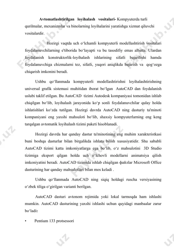 autocadning ish stoli tasvirlangan. ish stoliga quyidagilar kiritilgan: • tushuvchi menyu qatori –menyuning eng yuqori qatori; • asboblar paneli –yuqorida, ish stolining o‘ng va chap tomonida. keyingi ishlarda foydalaniladigan asosiy asboblar paneli: 1) «standart asboblar» paneli; 2) «obyekt xossasi» paneli; 3) «chizish» paneli; 4) «o‘zgartirish» paneli; 5) «o‘lchamlar» paneli; 6) «obyektni bog‘lash» paneli. asboblar panelini sozlash algoritmi 1) sichqon klavishi o‘ng tomonini asboblar panelining ixtiyoriy birortasini ko‘rsatib, bosamiz. 2) ochilgan ro‘yxatdan kerakli asboblar panelini belgilaymiz. • grafik maydon (model maydoni) –ish stolining o‘rta maydonini egallagan bo‘lib, modellar chizmasini yaratish uc hun mo‘ljallangan. model maydoni parametrlarini qo‘llovchi o‘ziga mos qulay ravishda o‘zgartirishi mumkin. model maydonini sozlash algoritmi 1) sichqon klavishining o‘ng tomonini grafik maydonning ixtiyoriy joyiga bosamiz, опции punktini belgilaymiz. 2) ochilgan «parametrlar» dialog oynasida quyidagi sozlashlarni amalga oshirish mumkin. a) oyna elementlari ish stoli ko‘rinishini sozlash, ya'ni; 1) rang tugmachasi yordamida model maydoni rangini tanlash mumkin; 2) dialog oynasiga chaqiriladigan …