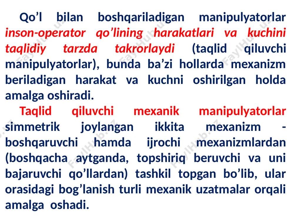 h yoki dasturli boshqarish orqali bajarib bo’lmaydigan ba’zi operasiyalarni (masalan, ixtiyoriy joylashgan predmetlarni ilib olish, kontur bo’yicha joylashgan konturlar bo’yicha harakat qilish) amalga oshirish uchun qo’llaniladi. ushbu robotlarning hozircha uncha ko’p bo’lmagan tajriba nusxalari mavjud. sun’iy intellekt elementlariga ega bo’lgan robotlar deb ham ataluvchi uchinchi avlod sanoat robotlari rivojlangan sezgilash (ya’ni sensorli) qurilmalarga, jumladan qabul qilingan maolumotlarga ishlov berilgandan so’ng obektlarni ko’rinishi bo’yicha tanib olish, tashqi muhit holatini tahlil qilib borish va hatto dastur tuzish bo’yicha ba’zi yechimlarni qabul qilish imkoniyatini beruvchi texnik ko’rish qobiliyatini ham o’z ichiga olgan rivojlangan sezgilash (ya’ni sensorli) qurilmalariga ega bo’ladi. ushbu robotlar ham hozircha ilmiy-tadqiqot ishlari bosqichida mavjud. nazorat savollari va topshiriqlar: manipulyatorlarning vazifasi nima? manipulyatorlarning qanday turlarini bilasiz? manipulyatorlarning tuzilishi haqida ma’lumot bering; manipulyatorlar qanday texnik ko’rsatkichlar bilan tasniflanadi? sanoat robotlarining qanday turlari bor? robotlar qaysi sohalarda keng qo’llaniladi? image1.jpeg image2.png image3.png image4.png image5.png /docprops/thumbnail.jpeg