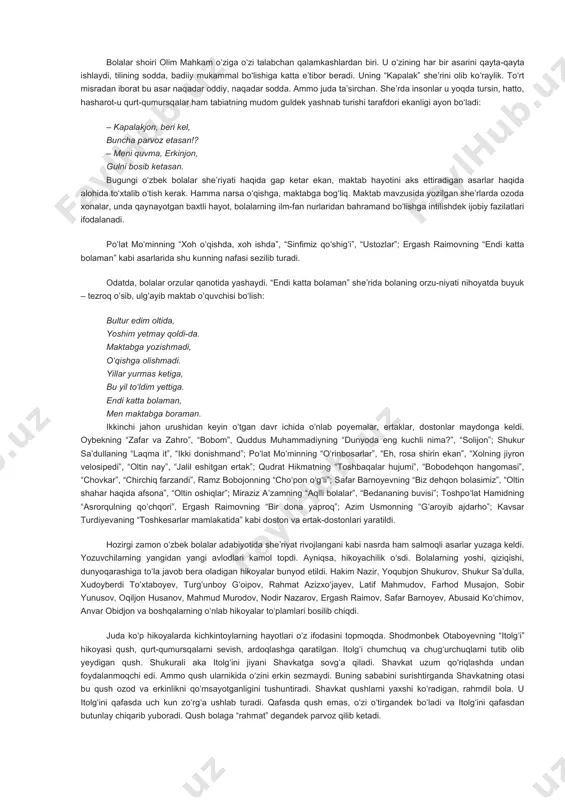 ” hikoyalari; a. rahmatning “dum” (1938), “baxtli yoshlik” (1939), “zavqli allalar” (1940), “sheʼrlar” (1940), “hiylagar tulki” (1940) kitoblari; sulton joʻraning “fidokor” (1940); ilyos muslimning “oʻsuv” (1932), “zaharxandalar” (1932) toʻplamlari, “miqti keldi” poyemasi (1934); shukur saʼdullaning “hayqiriq” (1933) toʻplamlari bosilib chiqdi. bu davrda qardosh xalqlar adabiyotidan juda koʻplab asarlar oʻzbek tiliga tarjima qilindi. buning natijasida oʻzbek bolalar adabiyoti har tomonlama boyib bordi. ayniqsa, “yosh turkistonliklar”, “bolalar yoʻldoshi”, “bolalar dunyosi”, “oʻzgaruvchi yoshlar”, “yosh kuch” kabi nashrlarning yoʻlga qoʻyilishi bolalar adabiyotining har tomonlama rivojlanishiga sabab boʻldi. xullas, bolalar adabiyotining mavzu doirasi kengaya bordi. yoshlik, maktab hayoti, ona yurt tabiati, xalqlar doʻstligi, ilm, hunar va texnikaga muhabbat mavzulari bolalar adabiyotidan keng oʻrin oldi. xalqimizda “ona yurting omon boʻlsa, rangi roʻying somon boʻlmas”, degan naql bor. ikkinchi jahon urushi yillarida oybek, hamid olimjon, gʻafur gʻulom, sobir abdulla, uygʻun, maqsud shayxzoda, zafar diyor, amin umariy, gʻayratiy, mirtemir, ilyos muslim, sulton joʻra va boshqalar fashist bosqinchilarining yer …