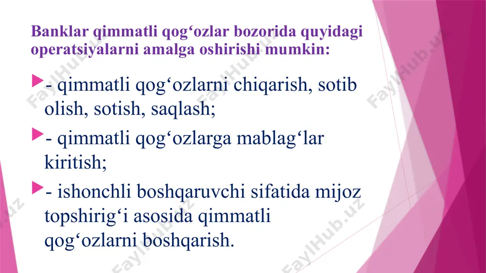 ining, talab va taklifning darajasini saqlab turish uchun oʻz zimmasiga birja bitimlarini tuzish majburiyatini olgan dilerdir. qimmatli qogʻozlar markaziy depozitariysi – depo hisobvaraqlari boʻyicha emissiyaviy qimmatli qogʻozlarni saqlashning, bunday qimmatli qogʻozlarga boʻlgan huquqlarni hisobga olishning va emissiyaviy qimmatli qogʻozlar harakatining yagona tizimini taʼminlovchi davlat depozitariysidir. kliring – qimmatli qogʻozlar savdosining tashkilotchilari tomonidan roʻyxatdan oʻtkazilgan qimmatli qogʻozlarga doir bitimlar boʻyicha oʻzaro majburiyatlarni aniqlash, aniqlashtirish va hisobga olishdir. fond birja savdolari turli shakllarda tashkil etilishi mumkin. oʻtkazish shakli boʻyicha savdolar: a) doimiy va sessiya shaklida; b) kontakt (anʼanaviy) va kontaksiz (elektron). amalga oshish shakli boʻyicha: a) ishonchnoma asosida birja savdosi (brokerlar); b) mustaqil birja savdolari (dilerlar). tashkil etish shakli boʻyicha savdo auksionlari: a) oddiy; b) murakkab auksionlarga boʻlinadi. oddiy auksion - yo xaridorlardan kelib tushgan arizalarni qabul qilgan sotuvchi tomonidan -yoki potensial sotuvchilardan manfaatli takliflar qidirayotgan xaridor tomonidan tashkil etilishi mumkin. ingliz auksioni – sotuvchilar savdo boshlanishidan oldin fond instrumentlarini boshlangʻich narxda …