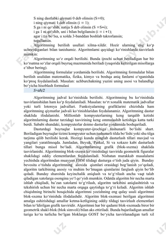 shib, uni i bilan belgilansin (i i 1); agar in bo‘lsa, u xolda 3-banddan boshlab takrorlansin; tugallansin. algoritmning berilish usullari xilma-xildir. hozir ularning eng ko‘p uchraydiganlari bilan tanishamiz. algoritmlarni quyidagi ko‘rinishlarda tasvirlash mumkin: algoritmning so‘z orqali berilishi. bunda ijrochi uchun beriladigan har bir ko‘rsatma so‘zlar orqali buyruq mazmunida beriladi (yuqorida keltirilgan misollarga e’tibor bering). algoritmning formulalar yordamida berilishi. algoritmning formulalar bilan berilish usulidan matematika, fizika, kimyo va boshqa aniq fanlarni o‘rganishda ko‘proq foydalaniladi. masalan: uchburchakning yuzini uning asosi va balandligi bo‘yicha hisoblash formulasi s=ah/2 algoritmning jadval ko‘rinishida berilishi. algoritmning bu ko‘rinishida tasvirlanishidan ham ko‘p foydalaniladi. masalan: to‘rt xonalik matematik jadvallar yoki turli lotoreya jadvallari. funksiyalarning grafiklarini chizishda ham algoritmning qiymatlar jadvali ko‘rinishlaridan foydalanamiz. algoritmning dastur shaklida ifodalanishi. millionlab kompyuterlarning keng tarqalib ketishi algoritmlarning dastur tarzidagi tasvirining keng ommalashib ketishiga katta turki berdi. sababi shundaki, kompyuterlar doimo dasturlar yordamida boshqariladi. dasturdagi buyruqlar kompyuter-ijrochiga tushunarli bo‘lishi shart. beriladigan buyruqlar tizimi kompyuter uchun …
