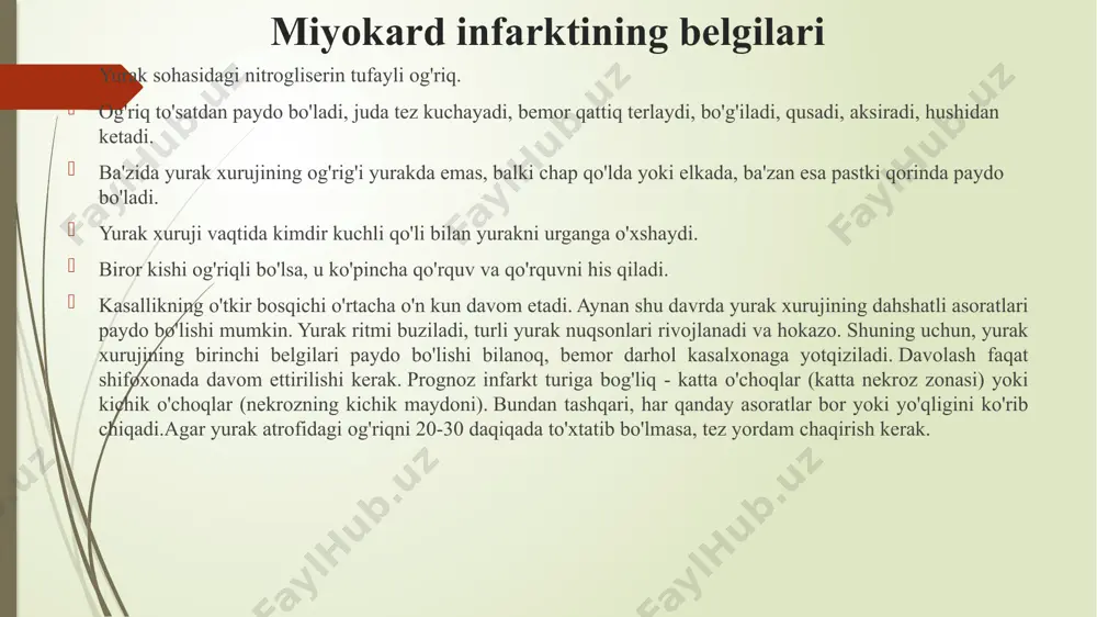 qarorligi tufayli yuzaga kelgan birlamchi yurak to’xtashi. lekin, bunday holat har doim ham o’limga olib kelmaydi, ba’zida muvaffaqiyatli reanimatsiya choralarini ko’rish mumkin. stenokardiya stenokardiya o’z navbatida, bir nechta kichik turlarga bo’linadi: barqaror va beqaror stenokardiya (yangi boshlangan, infarktning dastlabki bosqichidagi yoki progressiv), vazoplastik va koronar sindrom x. miokard infarkti yurak xuruji jarayonida qon ta’minoti yetarli emasligi yoki yo’qligi sababli yurak to’qimalarining nekrozi paydo bo’ladi. yurak to’xtashiga olib kelishi mumkin. yurak ishemiyasini tashxislash agar yurak ishemiya kasalligidan shubha bo’lsa, shifokor qon bosimi monitoringi, qon va siydik tahlilini tayinlaydi. stress testi ham o’tkazilishi mumkin. elektrokardiogramma (ekg) stenokardiyani (va uni yurakdagi boshqa shunga o’xshash og’riqlardan ajratishga), aritmiya va miokard infarktini aniqlashga yordam beradi. natija to’liq bo’lishi uchun bemorga dam olish paytida ham, yuk bilan ham, xolter nazorati ostida ham (kun davomida yurakning elektr faoliyatini kuzatib borish) ekg buyurilishi mumkin. ekokardiograf yoki yurakning ultratovush tekshiruvi yurak mushagi holatini, klapanlarning ishlashini vizual ravishda baholash va …