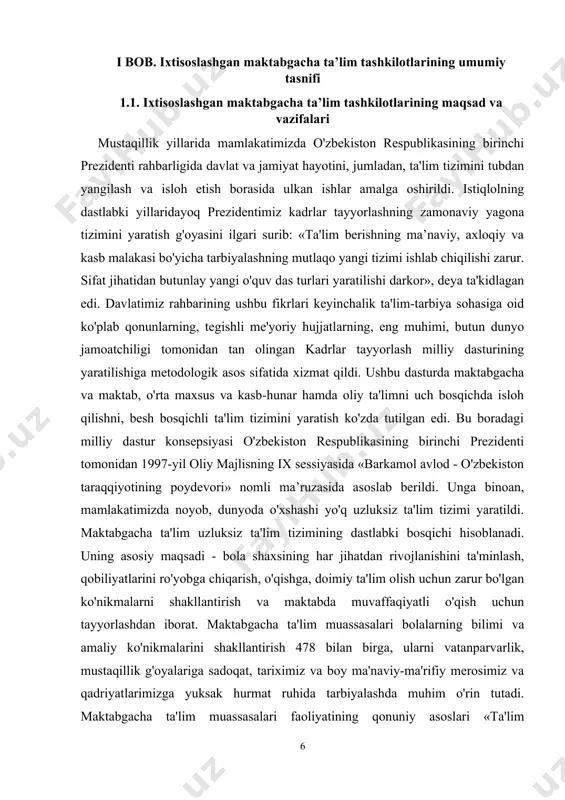 isoslashtirilgan maktabgacha ta'lim muassasasini boshqarish tartibini belgilaydi. ixtisoslashtirilgan maktabgacha ta'lim muassasasi ta'lim-tarbiya berish, korreksion-pedagogik va davolash-sog'lomlashtirish faoliyatni olib boruvchi muassasa hisoblanadi, 479 jismoniy yoki psixik rivojlanishida nuqsoni bo'lgan bolalarni ularning bilish imkoniyatlariga muvofiq tarbiyalash, nuqsonlarni korreksiyalash, imkoniyatiga muvofiq maktab ta'limiga tayyorlash, jamiyatga moslashuviga ko'maklashish maqsadida tashkil etiladi. quyidagilar ixtisoslashtirilgan maktabgacha ta'lim muassasasining vazifalari hisoblanadi: -maktabgacha ta'limga qo'yiladigan davlat talablari hamda ular asosida ishlab chiqilgan ixtisoslashtirilgan maktabgacha ta'lim muassasalarida ta'lim-tarbiya va sog'lomlashtirish ishlariga qo'yiladigan talablarga muvofiq bolalarning ta'limtarbiya olishlariniva korreksion pedagogik ishni ta'minlash; - korreksion ta'lim-tarbiya jarayonini shaxsga yo'naltirilgan, individual tarzda tashkil etish; - bolaning ijtimoiy-hissiy rivojlanishi, hayotiy qobiliyatlari shakllanishi uchun zarur korreksion-rivojlantiruvchi ta'limtarbiya muhitini yaratish; - bolaning jismoniy yoki psixik rivojlanishidagi nuqsonlarni bartaraf etish uchun zaruriy korreksion pedagogik ishni tashkillashtirish; - bolalarni ijtimoiy hayotga va maktab ta'limiga sifatli tayyorlash. o'zbekiston respublikasining «ta'lim to'g'risida»gi qonunga muvofiq, ixtisoslashtirilgan maktabgacha ta’lim muassasasi akkreditatsiyasi attestatsiya asosida vakolatli davlat organi tomonidan amalga oshiriladi. "maktabgacha ta'lim …