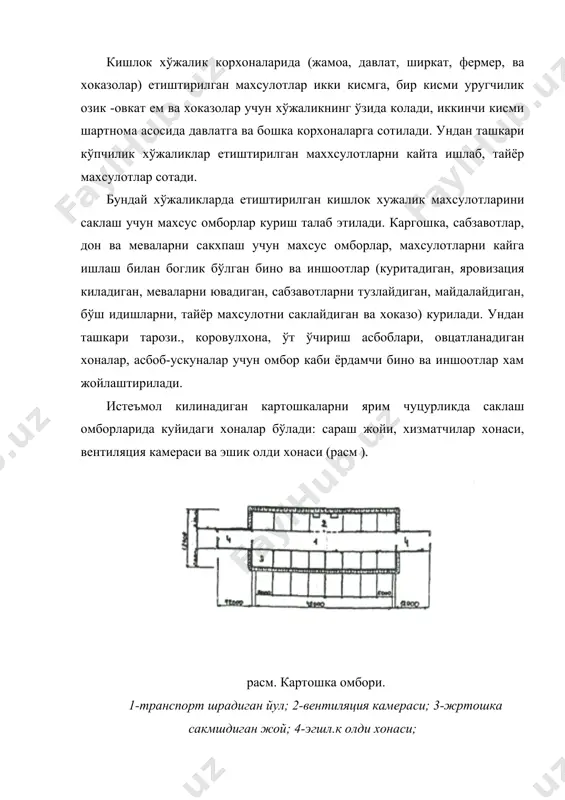 ди. омборлардаги донлар коп- канорларда, махсус бункерларда ва бўш тўкилган холда сакланади. бир омбор ичида хар хил усулда, махсус бункерда, коп канорларда ва тўкилган холда сакланиши мумкин. дон махсус идишларга бўш гўкилади. бундай идиш ёгоч тахталардан ясалган яшик шаклдабўлиб, баландлнги 2,5 - 5 метр, эни 1,8 х 2,7 метр бўлади. буларни бир жойда турадиган ёки бошка жойга кўчириладиган килиб хам ясалиши мумкин. уруглик дон саклайдиган бункерлар баландлиги 2 - 3 метр, истеъмол килинадиган ва ем учун мўлжалланган донларни идишсиз бўш саклангандаги баландлиги 5 метр, бункерлар баландлиги 10 метргача, силос саклайдиган шаклдаги омборлардаги дон баландлиги 20 ва ундан кўп метр бўлиши мумкии. ховлининг энг ичкари томонига уруглик дон сакланадиган омбор жойлаштирилади. чунки бу омбор мавсумнинг ёз, куз ойларидагина ишлайди. мева сабзавот ва картошка сакланадиган омборлар батарея усулида жойлаштирилади. дарвоза якинига корвулхона, асбоб - ускуна ва бўш коп -канорлар, идишлар ва хоказолар саклайдиган омбор, ховуз ва бошкалар жойлаштирилади. ховлининг атрофи 10-15 метр …