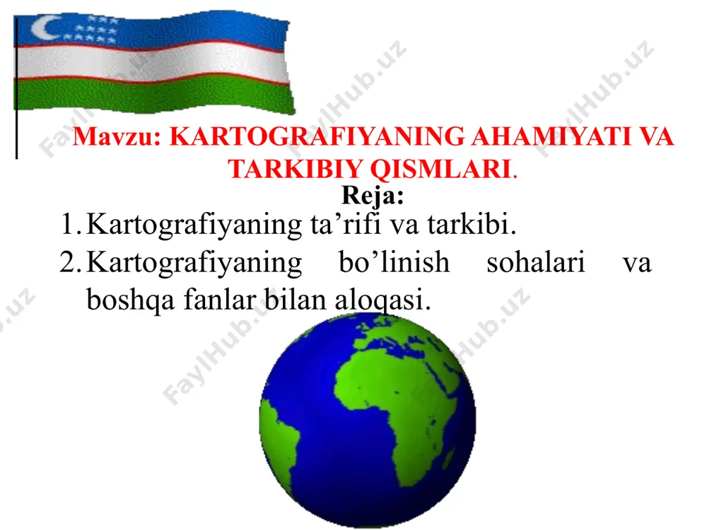 an shartli belgilar sistemasida ularda joylashgan obyektlarni ko'rsatadi. mavzuli va maxsus kartalarda (shartli ravishda) kartaning mazmunini va geografik asosini bir-biridan farqlash lozim. geografik asos - karta mazmunining umumgeografik qismi bo‘lib, u mavzuli karta mazmunini tashkil etgan elementlarni kartada to‘g’ri tasvirlashga va fazoviy bog‘lashga hamda karta bo‘yicha oriyentirlashga xizmat qiladi. karta mazmunini ochib beradigan barcha shartli belgilar va izohlar tizimiga legenda deyiladi. kartada tasvirlanadigan hududning chegarasini aniqlash va uni karta ramkalariga nisbatan joylashtirish, ramka ichida va undan tashqarida (asosiy karta bilan uning ramkasi orasidagi bo’sh qolgan joylarda) karta nomini, masshtabini, legendasini, har xil raqamli va matnli ma’lumotlarni, jadvallarni, grafiklarni, qo‘shimcha va kesma kartalarni hamda boshqa shunga o‘xshash ma’lumotlarni maqsadga muvofiq joylashtirishga komponovka deyiladi. kartografiya quyidagi asosiy sohalarga bo‘linadi: kartashunoslik; matematik kartografiya; kartalarni loyihalashtirish va tuzish; kartalarni taxt qilish (jihozlash, rasmiylashtirish); kartalarni nashr qilish; kartalardan foydalanish; kartografik ishlab chiqarishning iqtisodiyoti va uni tashkil qilish va boshqalar. mazkur sohalarning barchasi yagona kartografik fanlar …