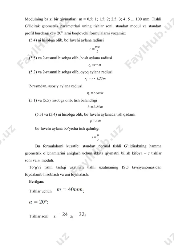 ng qismlarga bo’lamiz. masalan mp kesmani 5ta teng qismga bo’lib kesmalarni olamiz. ilashish chizig’ining davomida teng kesmalarni ham belgilaymiz. m nuqtadan boshlab, asosiy aylanada bu kesmalarga teng , , , , shuningdek , , , yoylarni belgilaymiz. belgilangan nuqtalarni g’ildirak markazi o1 bilan tutashtiramiz. bu nuqtalardan radius chiziqlariga tik, yani asosiy aylanaga urinma chiziqlar o’tkazamiz. evolventaning evolventadan o’tazilgan normal chiziqning uzunligi asosiy aylanasi “yoyining uzunligiga teng” degan xossasiga asoslanib, evolvienta egri chizig’ini chizamiz. buning uchun birinchi urinma chiziqda bitta kesma, ikkinchi urinmachiziqning 2- nuqtasidan kesma, uchinchi urinmaning 3- nuqtasidan kesma belgilaymiz va hokazo. berilgan nuqtalarni ketma-ket (silliq chiziq bilan) tutashtirib, evolvienta chizig’ini hosil qilamiz. ikkinchi g’ildirak tishining profilini ham huddi shu tarzda chizamiz. tish botiqligi aylanasining kata- kchikligidan qat’iy nazar, tish profilining evolventa qismi bilan tish botiqligi aylanasini birlashtiruvchi qismda burilish radiusi bo’lishi kerak. agar bo’sa, tish asosi aylanasining evolvienta bilan ga teng galtel radiusi bilan tutashtiramiz. endi buni qiymatini …