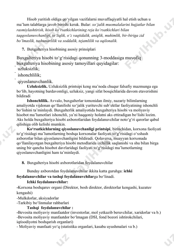 ‘lib, buchholter – aynan tarjimasi «das buch»- kitob, «holter» –tutuvchi, yurituvchi ma’nolarini bildiradi. buxgalteriya hisobi nazariyasi va amaliyotining rivojlanishida mantiq fanining roli ham beqiyos ulkandir. buxgalteriya hisobi umumiy tizimining har bir elementi mazkur tizimga qat’iy mantiqiy talablar bajarilgandagina mavjud bo‘lishi va kiritilishi mumkin. menejment va marketing kabi zamonaviy fanlar predmetining mazmunini tushuntirishda ham buxgalteriya hisobi muhim ahamiyat kasb etadi. chunki xo‘jalik yurituvchi subyekt moliya-xo‘jalik faoliyati-ning barcha sohalarida ma’muriyat faqat hisob axborotlaridan foydalan-gan holdagina asoslangan boshqaruv qarorlarini qabul qilishi mumkin. buxgalteriya hisobi fani matematik va tabiiy-ilmiy fanlar bloki bilan ham chambarchas bog‘liq. bu bog‘liqlik tarixan shakllangan bo‘lib, buxgalteriya hisobining fan sifatida vujudga kelishida amaliy matematika muhim rol o‘ynagan. buxgalteriya hisobi o‘zining ajralib turuvchi belgisi – aniqlikni aynan matematikadan olgan. hisob vaqt o‘tishi bilan oddiy arifmetik hisoblash amallaridan differensial va integral hisoblashlar, to‘plam nazariyasi va boshqalar kabi oliy matematikaning ayrim bo‘limlari – matematik statistika, matematik dasturlash va boshqalarda qo‘llaniladigan darajaga yetib kelgan. …