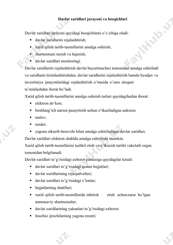 ari; · xarid qilish tartib-taomillarida ishtirok etish uchun zarur bo’lgan namunaviy shartnomalar; · davlat xaridlarining yakunlari to’g’risidagi axborot; · insofsiz ijrochilarning yagona reestri; · davlat xaridlari sohasidagi shikoyatlarni ko’rib chiqish bo’yicha komissiyaning qarorlari; · davlat xaridlari bo’yicha statistik axborot. davlat xaridlari to’g’risidagi axborot maxsus axborot portalida e’lon qilinadi. davlat xaridlari to’g’risidagi ma’lumotlar to’liq, xolis va ishonchli bo’lishi kerak. baholash mezonlari va tartib-taomillariga taalluqli qoidalar. tovarlarning (ishlarning, xizmatlarning) davlat xaridlariga taalluqli baholash mezonlari: · yetkazib berish bazisi; · yetkazib berish muddatlari; · tavsifnomalar va sifat ko’rsatkichlari; · to’lov va kafolatlar shartlari; muayyan davrda foydalanish, ekspluatatsiya qilish va ta’mirlash xarajatlarini nazarda tutadi. davlat buyurtmachisi tomonidan belgilanadigan davlat xaridi shartlarida quyidagilar bo’lishi kerak: · yuqorida qayd etilgan barcha baholash mezonlari; · barcha baholash mezonlarining nisbiy qimmati; · baholash tartib-taomillari doirasida baholash mezonlarini qo’llash tartibi. g’olib bo’lgan taklifni baholash va aniqlashda davlat buyurtmachisi faqat xarid qilish hujjatlarida ko’rsatilgan baholash mezonlari va tartib-taomillaridan foydalanadi hamda …