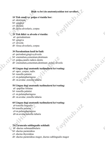 bosh va bo‘yin anatomiyasidan test savollari — DOCX