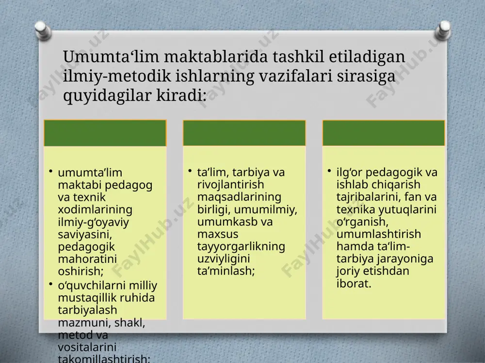 soblanadi. umumta’lim maktabidagi metodik ishlarning aniq shakllarini maktab pedagogik kengashi belgilaydi. maktab rahbari (direktor) metodik ishlarga umumiy rahbarlik qiladi. u metodik ishning rejasini tasdiqlaydi, pedagogik kengash ishiga rahbarlik qiladi, instruktiv-uslubiy majlislar o‘tkazadi, o‘qituvchilar o‘tkazadigan mashg‘ulotlarni tahlil qiladi, alohida o‘qituvchilarning metodik ishlariga rahbarlik qiladi, yuqori organlar oldida o‘zi rahbarlik qilayotgan maktabdagi metodik ishlarning ahvoli to‘g‘risida hisobot beradi. metod birlashmalarda ko‘riladigan masalalar quyidagiu iborat bo‘lishi mumkin. yangi o‘quv dasturi, darslik, qo‘llanma va uslubiy ishlarni o‘rganish; metodik yo‘riqnoma va buyruqlarni o‘rganish, ularni ijrosini amalga oshirish yuzasidan tadbirlar ishlab chiqish; o‘quv-ishlab chiqarish ishlarini, o‘quv-texnik hujjat, turli ishlar uchun vaqt me’yorlarini, o‘quvchilarning ishini tashkil etish va jihozlash masalalarini muhokama qilish; o‘quv dasturi mavzularini o‘rganish metodlarini ishlab chiqish, tekshirish ishlarini va malakalarini belgilashni tashkil etish; ochiq darslar o‘tkazish va natijalarini muhokama qilish. o‘qituvchilarning sinflardagi tarbiyaviy ishlari, tashqari ishlarni bajarish metodikasi; o‘qituvchining ta’lim-tarbiya ishlariga doir tajriba o‘quvchilar bilan fan va texnika yutuqlarini, ilg‘or mehnat tajribalarini o‘rganish kabi …