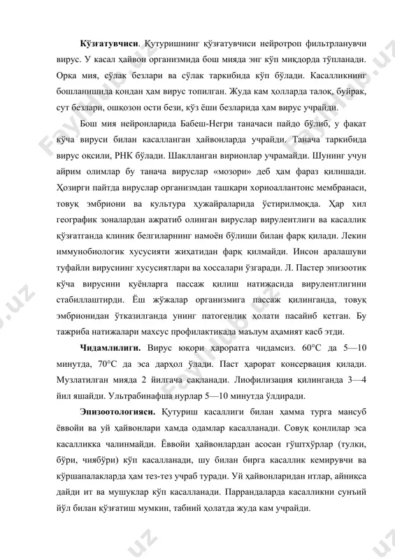 атиш мумкин, табиий ҳолатда жуда кам учрайди. касал ҳайвон касаллик қўзғатувчи манба хисобланади. вирус касал ҳайвон сўлагида касалликнинг клиник белгиси намоён бўлишидан 8—10 кун олдин пайдо бўлади. касаллик асосан бевосита контакт йўли билан юқади. кутурган ҳайвон соғ молни тишлаганда вирус сўлак орқали соғлом ҳайвонга ўтиб, касаллик қўзғатади. ҳамма тишланган ҳайвонлар ҳам касалланавермайди. бу сўлакнинг организмга тушиши, вируснинг сони ва вирулентлигига ҳамда тишланган жароҳатнинг характери ва топографик жойлашишига боглиқ. тишланганда жароҳатнинг чуқур бўлиши ва ундан кам қон оқиши жуда хавфлидир. нерв толаларининг тутамлари ўрнашган жойидан тишлангандаги жароҳат ҳам ўта хавфли ҳисобланади. баъзан касаллик тери шилинганда, ёрилганда, тирналганда), кўзнинг шиллиқ пардаси орқали ҳам юқади. гўштхўр ҳайвонлар касалликдан ўлган молнинг бош ва орқа миясини еганда ҳам касалликни юқтириши мумким. лаб ва оғиз бўшлиғи шиллиқ пардасининг жароҳатланган жойи инфекция дарвозаси ҳисобланади. тиббиёт маълумотларига кўра, мажбурий эмланган одамларнинг 8—9 фоизини асосан ит тишлаганлар ташкил этади. касалликнинг тарқалишида ёввойи фауналар роли ҳам катта. кейинги пайтларда касаллик …